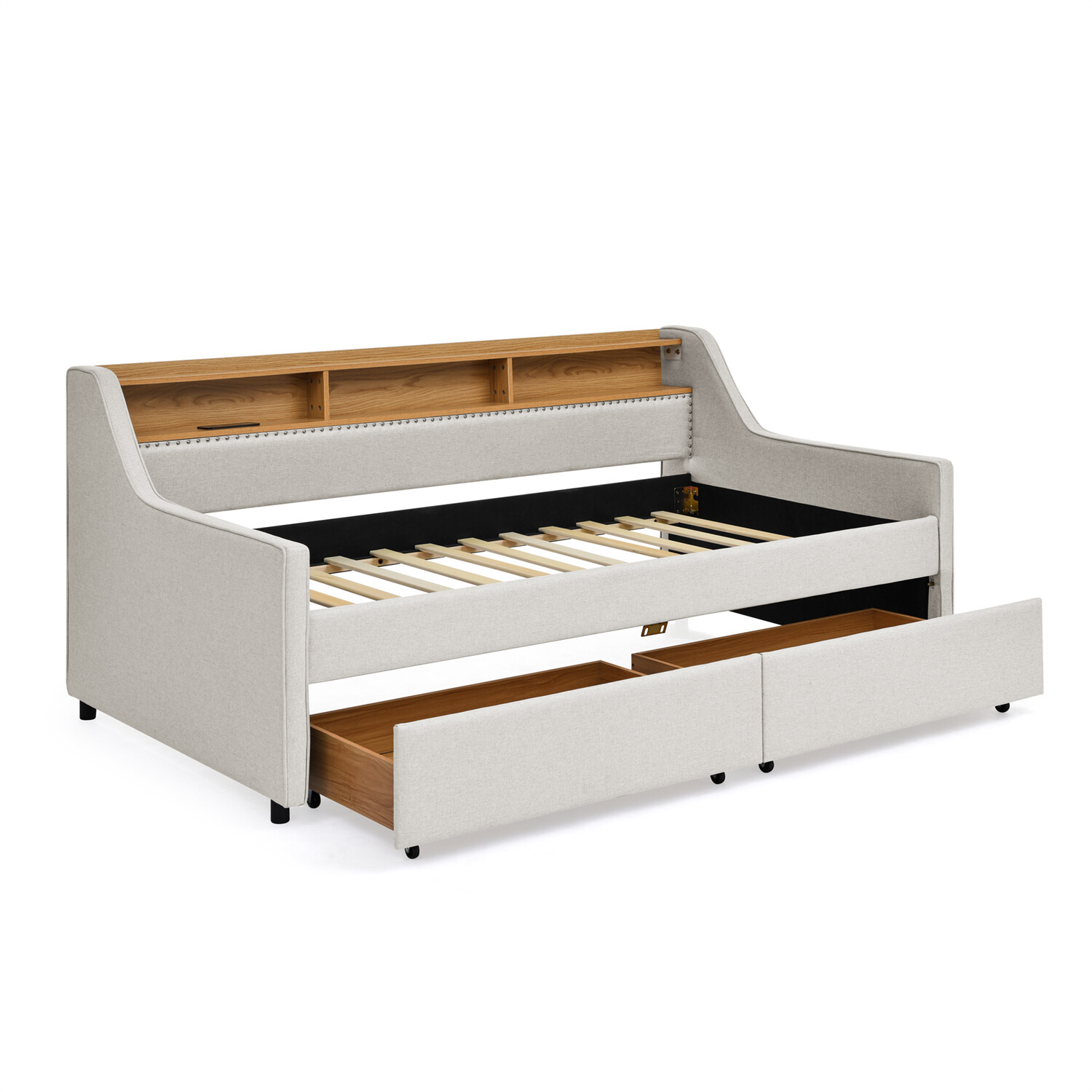 Twin Size Daybed Upholstered Bed Frame Sofa Bed w/ LED Lights & 2 Drawers