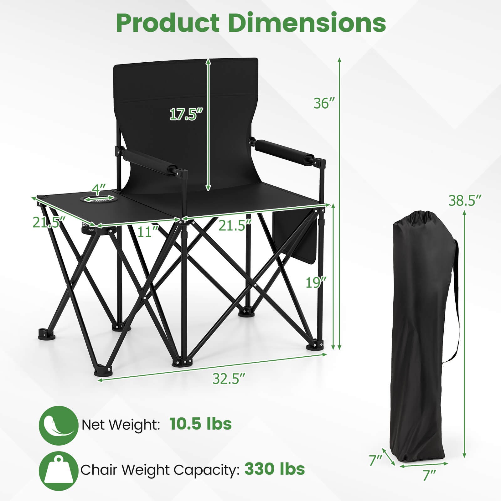 2PCS Oversized Camping Chair w/Side Table 2 Storage Pockets Cup Holder for Trip