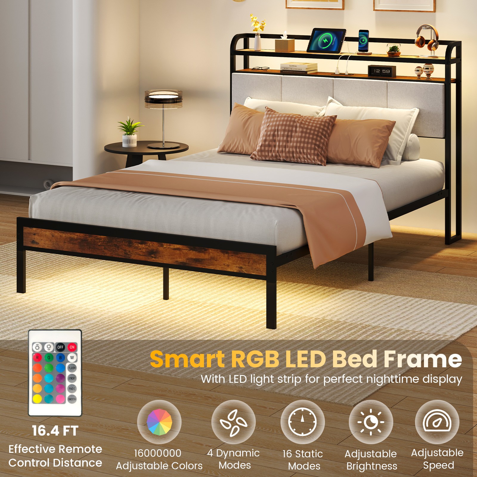 Full Size Bed Frame w/LED Light & Charging Station Heavy Duty Metal Platform Bed