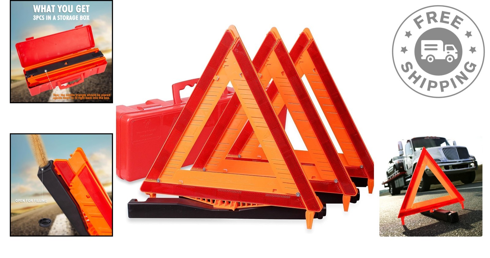 High Visibility 3 Pack Warning Triangles for Roadside Safety - Instant Alert