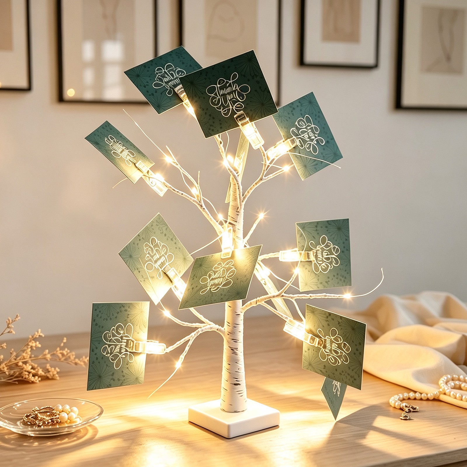60cm Warm White Lighted Twig Tree with 12 Thank You Cards Birch Tree Light