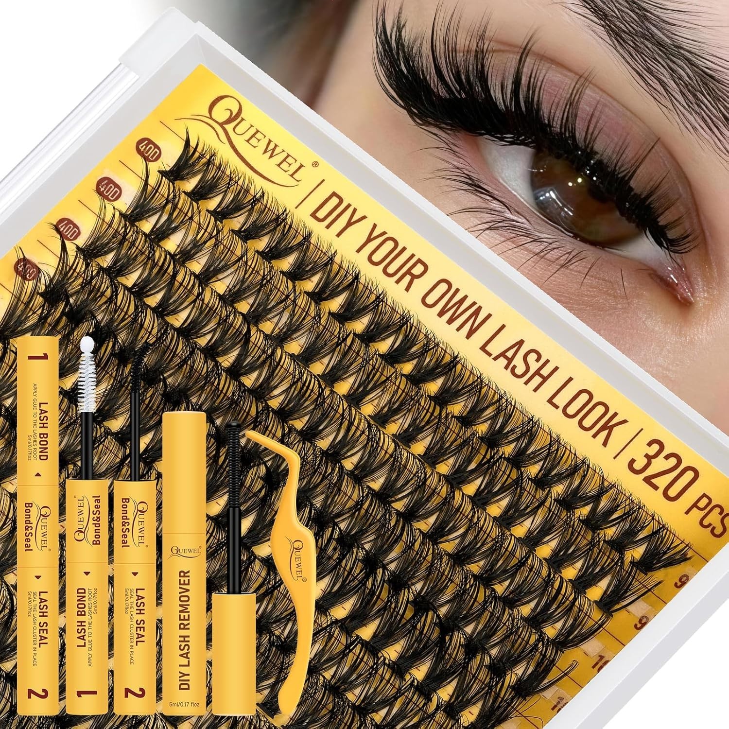 Kit de extensiones de pestañas en racimo QUEWEL – 320 piezas de clusters 40D (9–