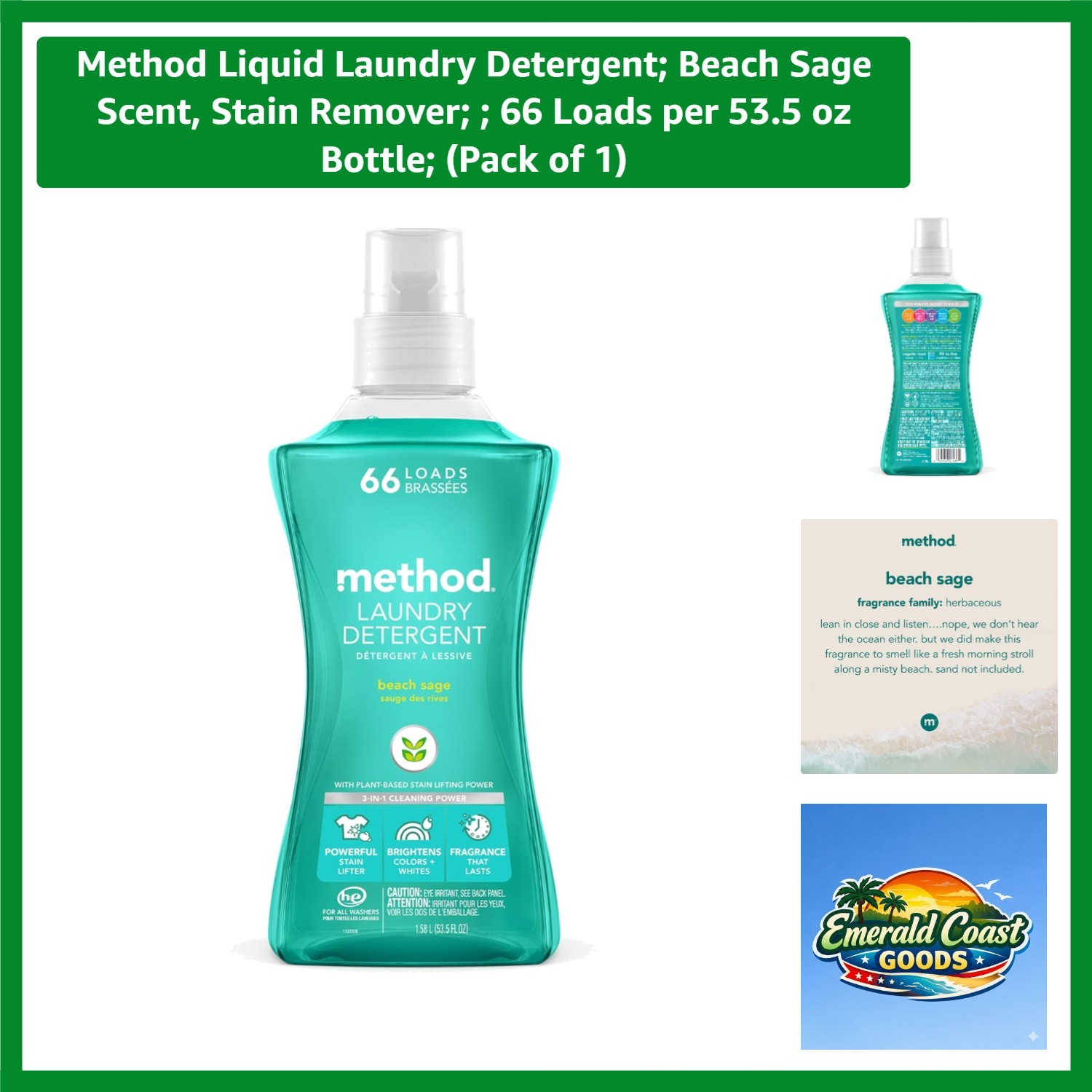 Biodegradable Laundry Detergent - Beach Sage, 53.5 oz, 66 Loads - Eco Conscious