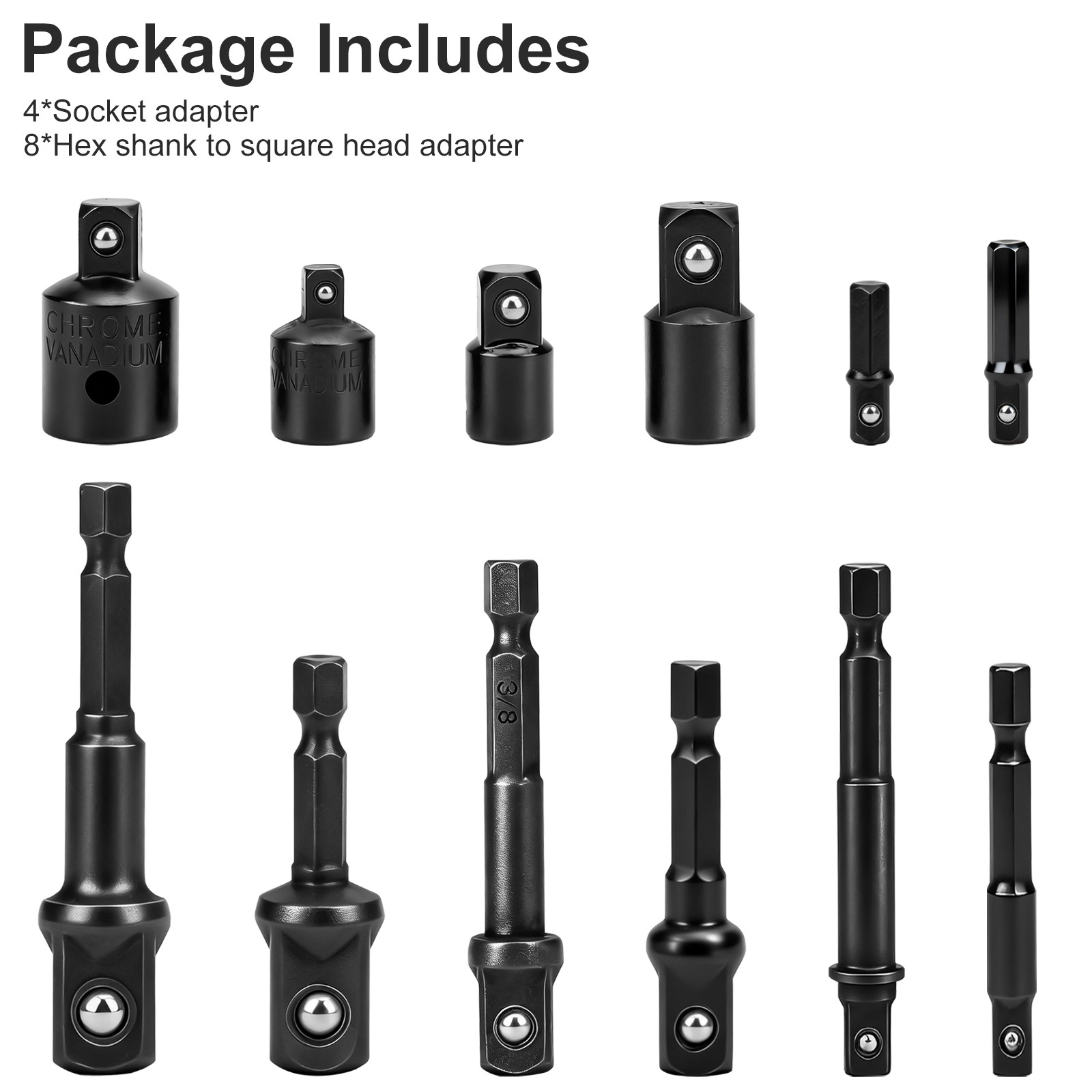 12x Impact Socket Adapter & Reducer Set 1/4 3/8 1/2" Hex Shank for Drill Driver
