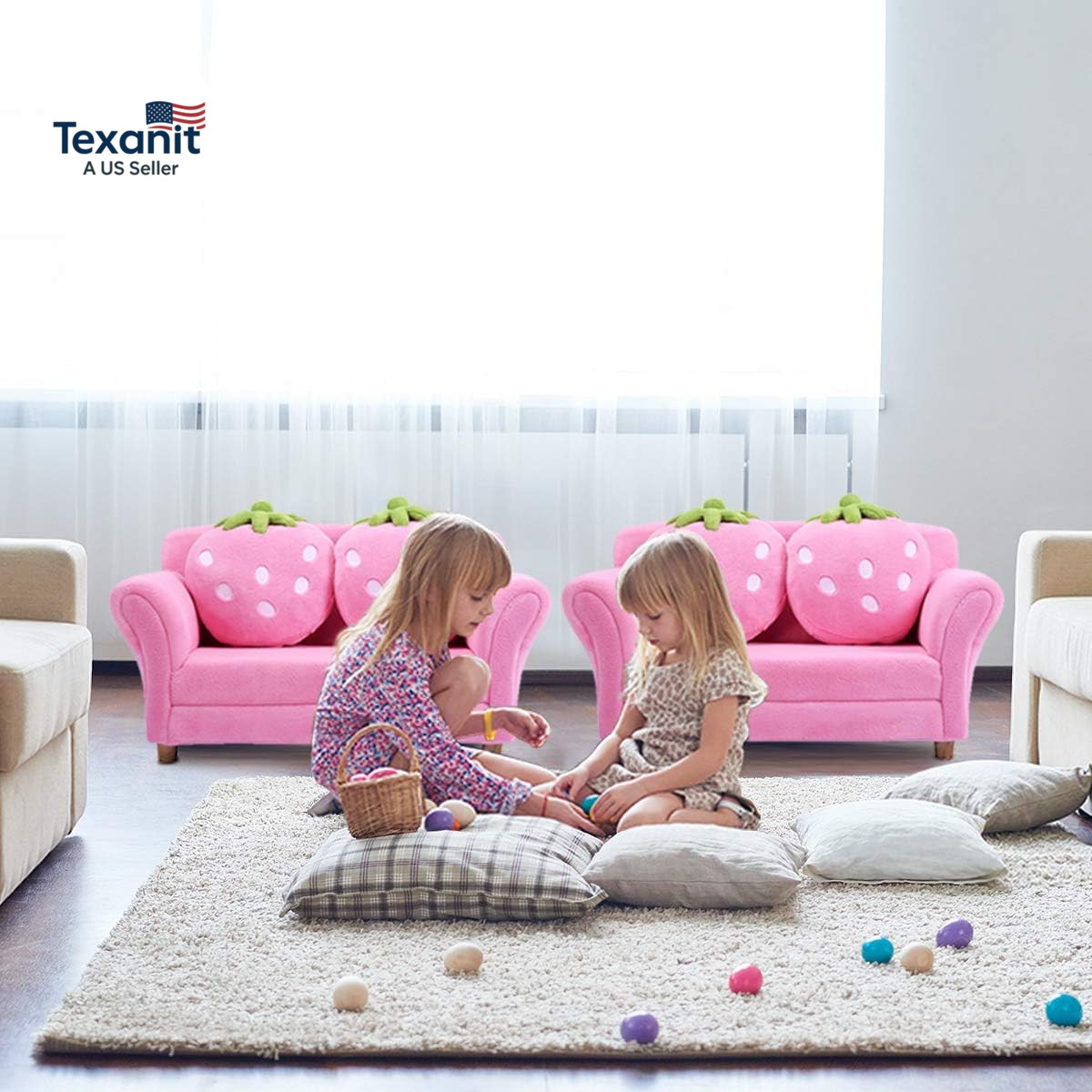 Kids Couch, Double Seat Pink Children'S Sofa with 2 Strawberry Pillows, Toddler