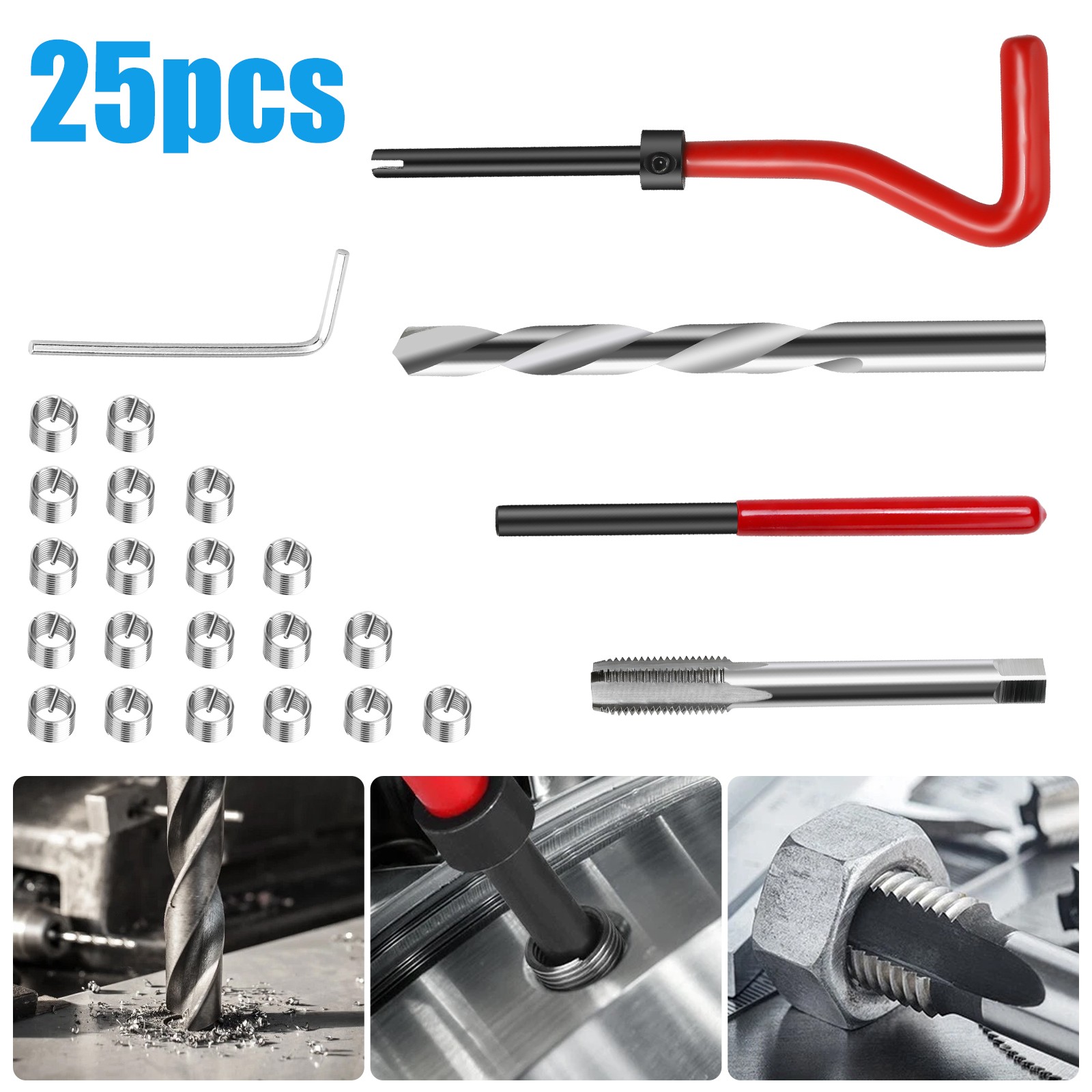 25PCS M8 x 1.25 Thread Repair Tool Kit Metric Wire Insert Set for Auto Repairing