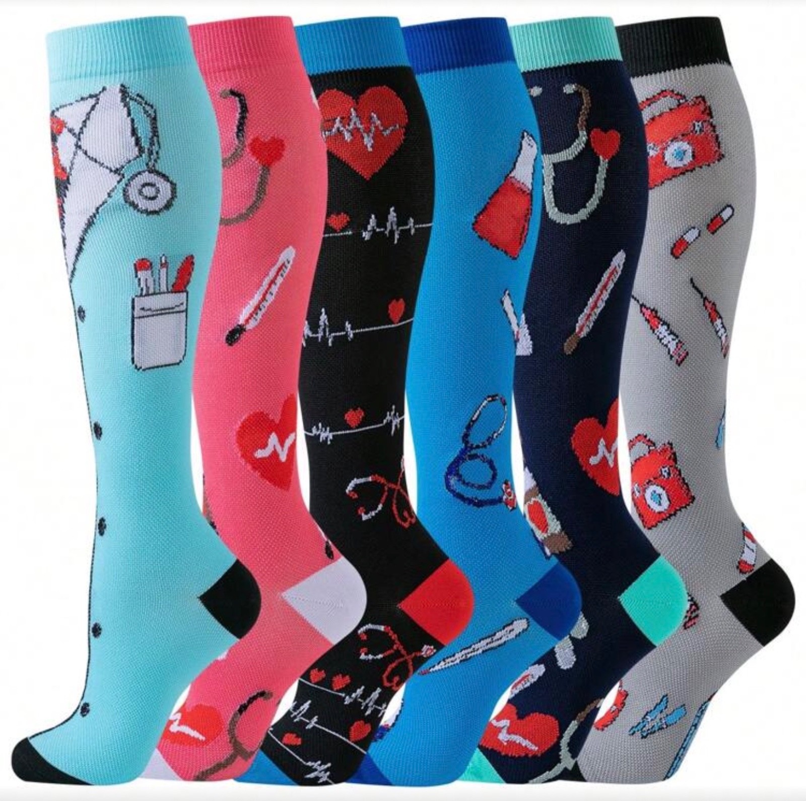 6 Pairs Women Medical Style Doctor/Nurse Compression Sports Socks