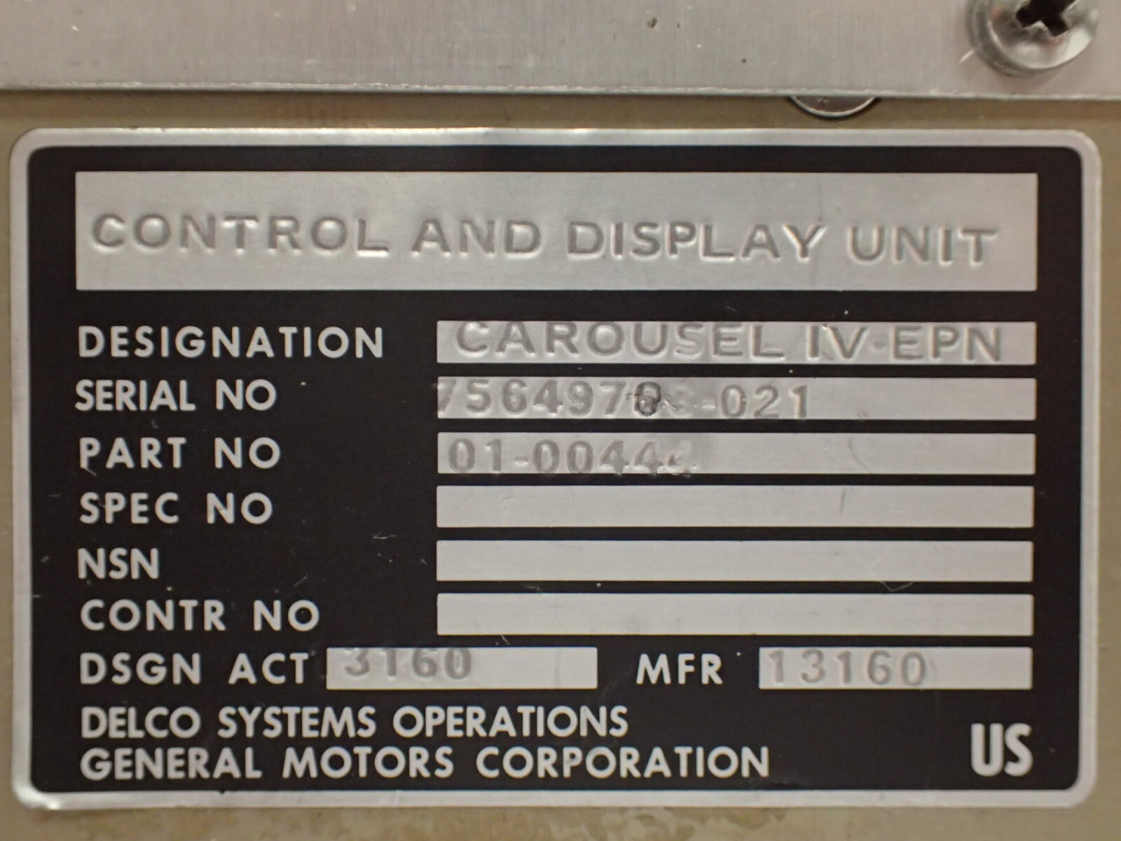 DELCO SYSTEMS OPERATIONS 01-00444 CONTROL AND DISPLAY UNIT CAROUSEL IV-EPN