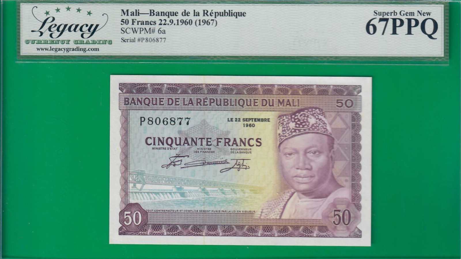 Mali 50 francs 1960(1967), P6, Superb Gem New *67* PPQ, highest grade sold@ebay!
