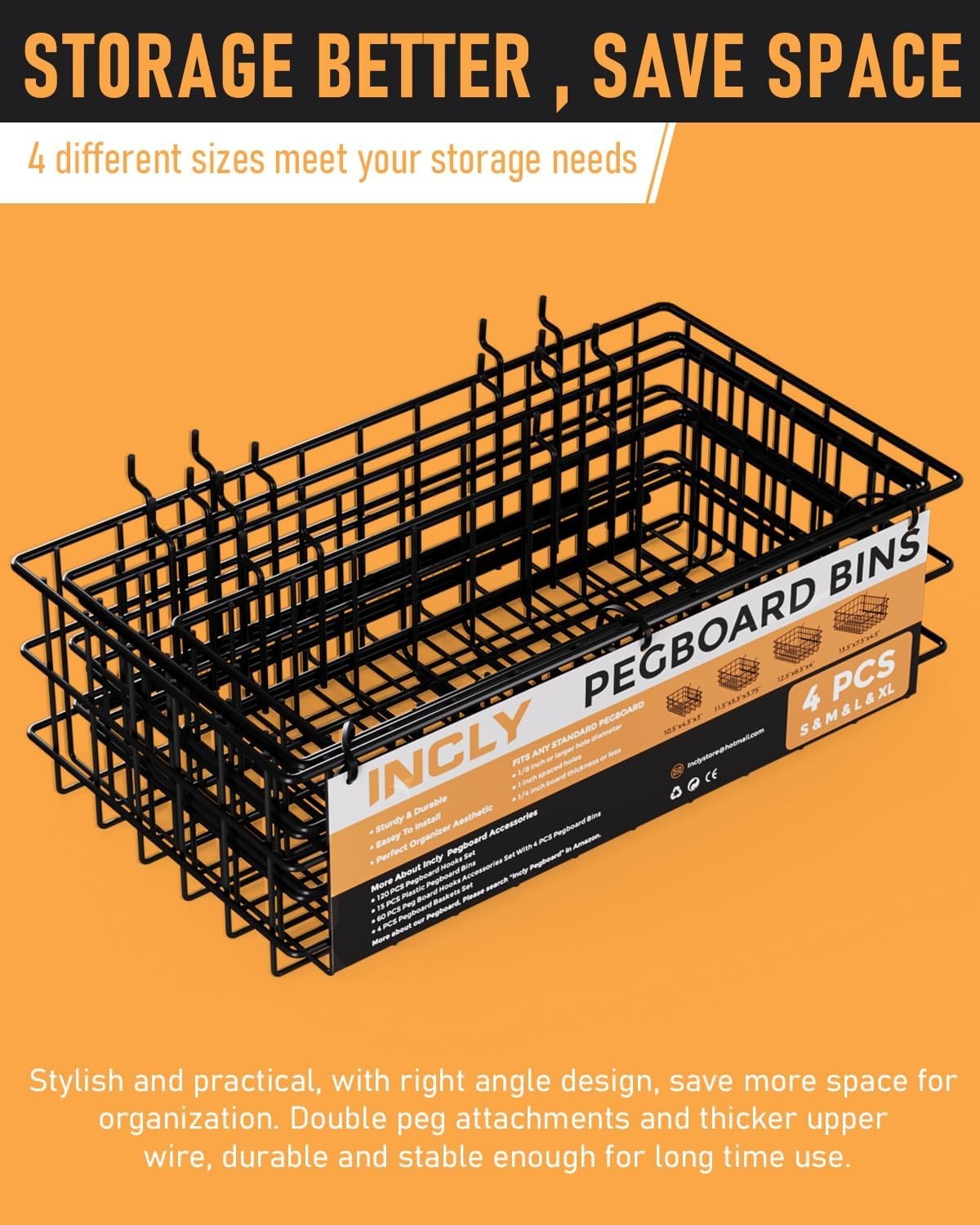 4 Pack Heavy Duty Metal Pegboard Baskets - Adjustable & Rust Resistant