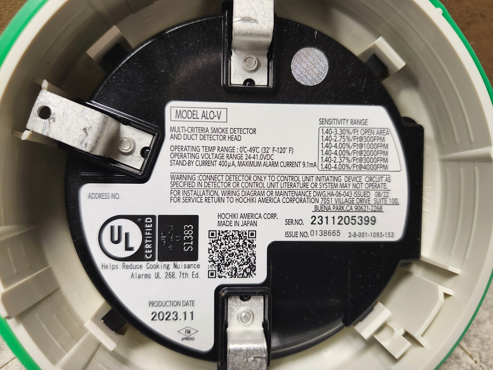 Smoke Detector Head, Addressable, Photoelectric. Hochiki Model ALO-V