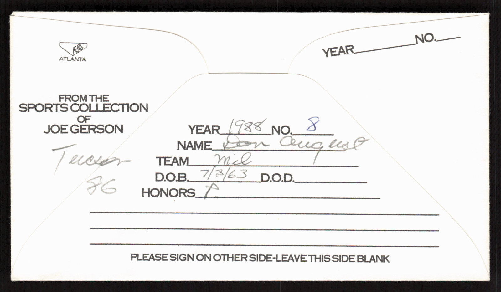 Don August Signed Baseball Postal Envelope Milwaukee Brewers Auto