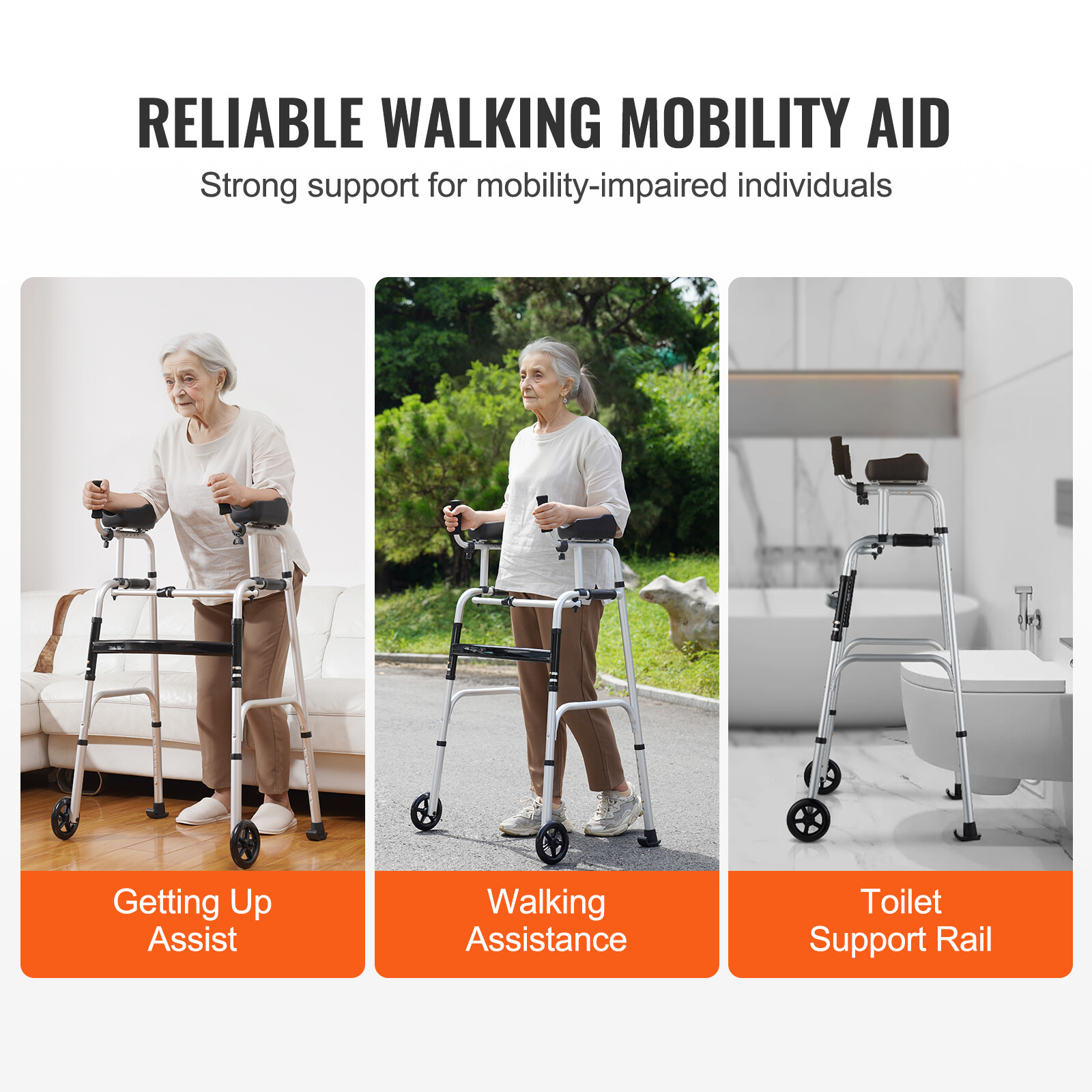 VEVOR 2 in 1 Folding Walker with Armrest Pads & 5" Solid Wheel Height Adjustable