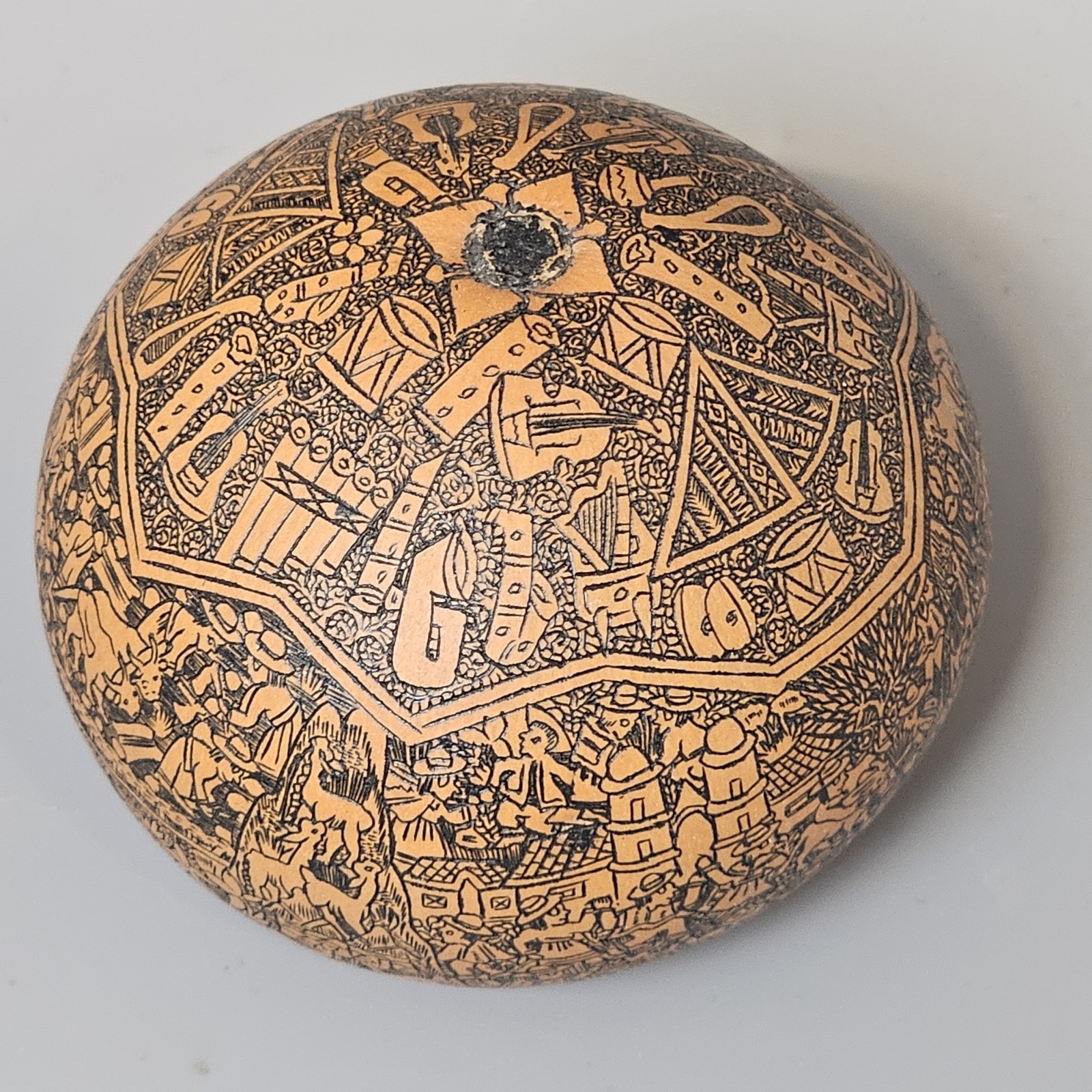 VTG Peruvian Carved Gourd Folk Art Ornament Etched Village Music Scene 3" Miniat