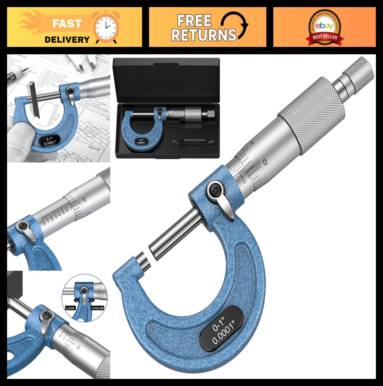 Precision Outside Micrometer 0-1" with 0.0001" Graduation, Machinist Tool Set, C