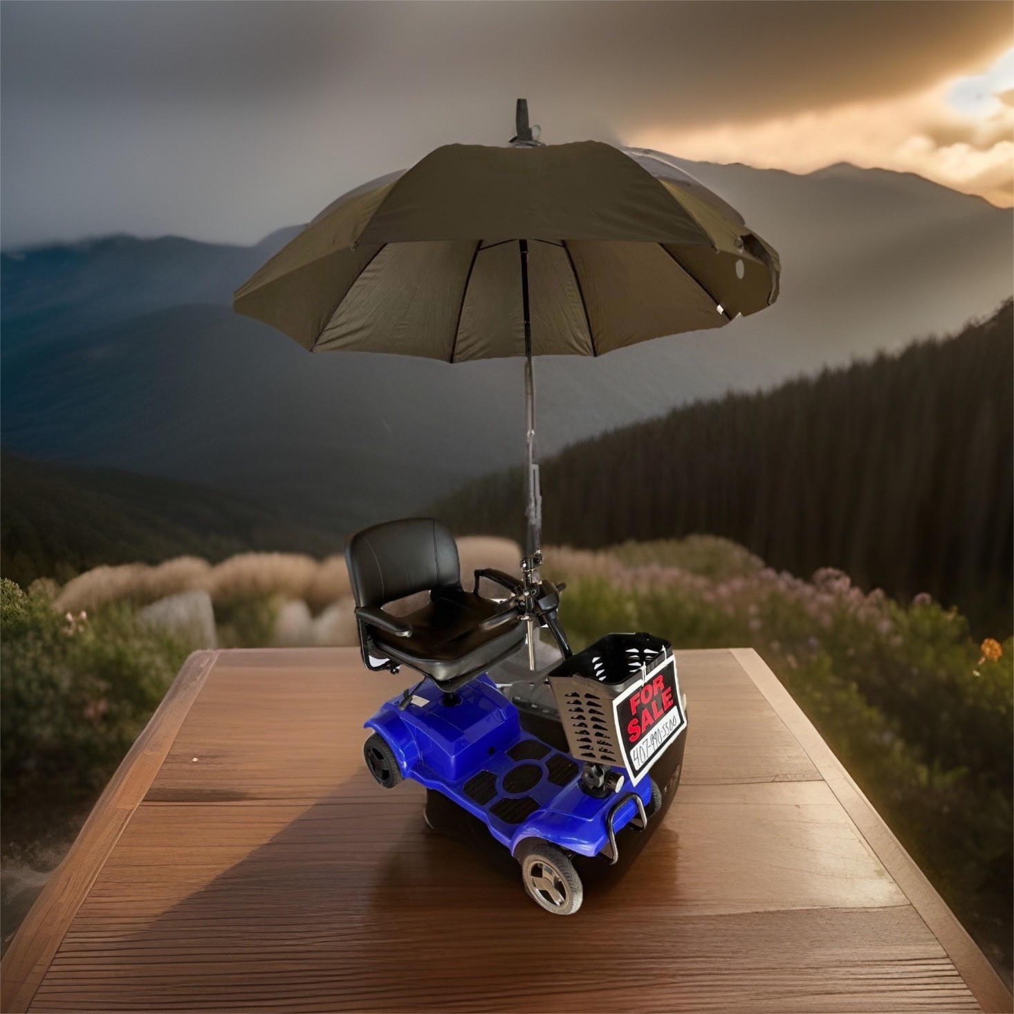 Blue 4-Wheeled Mobility Scooter with Storage Compartment and Umbrella