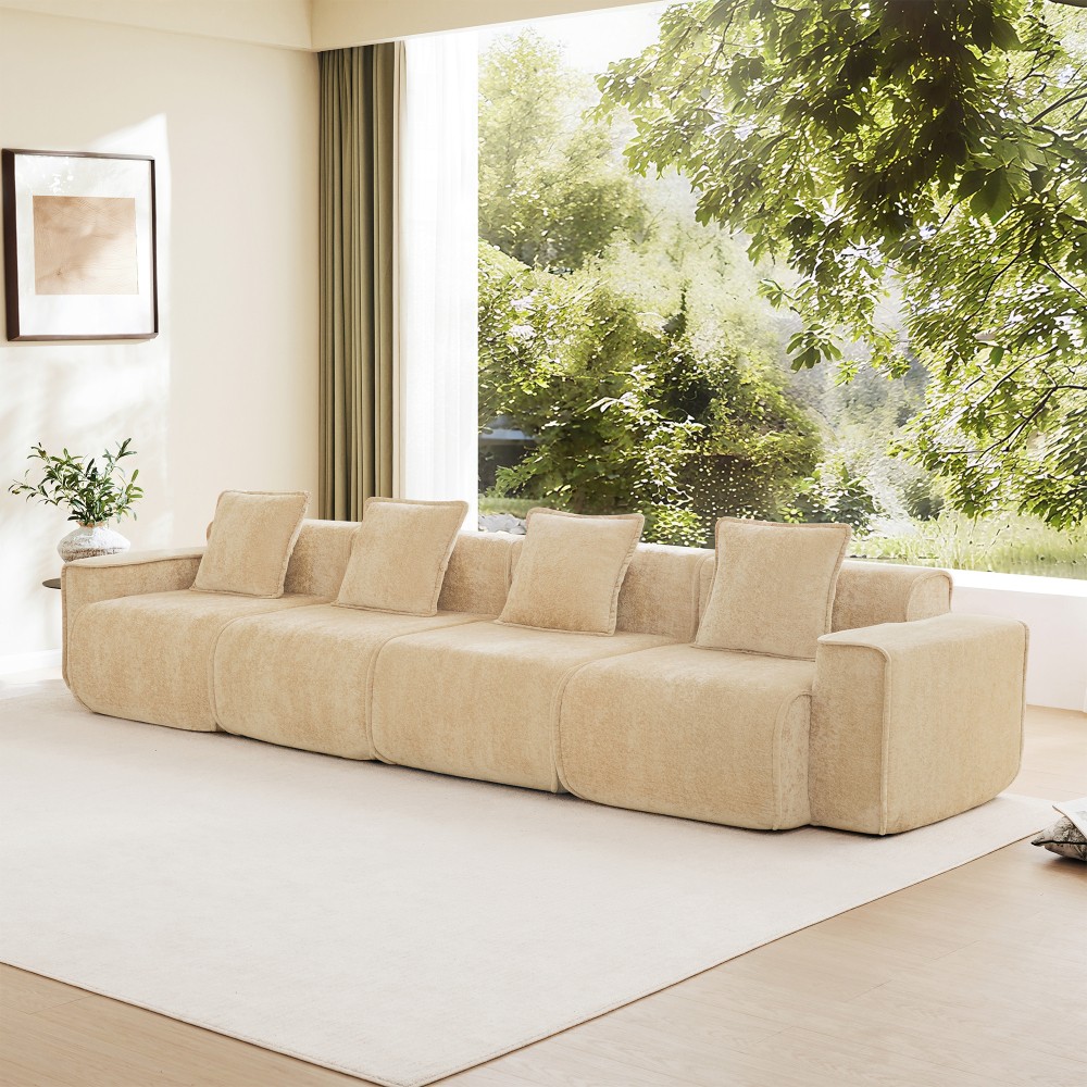 Modular 4-Seat Sofa w/ Throw Pillows, Velvet Fabric, Light Camel