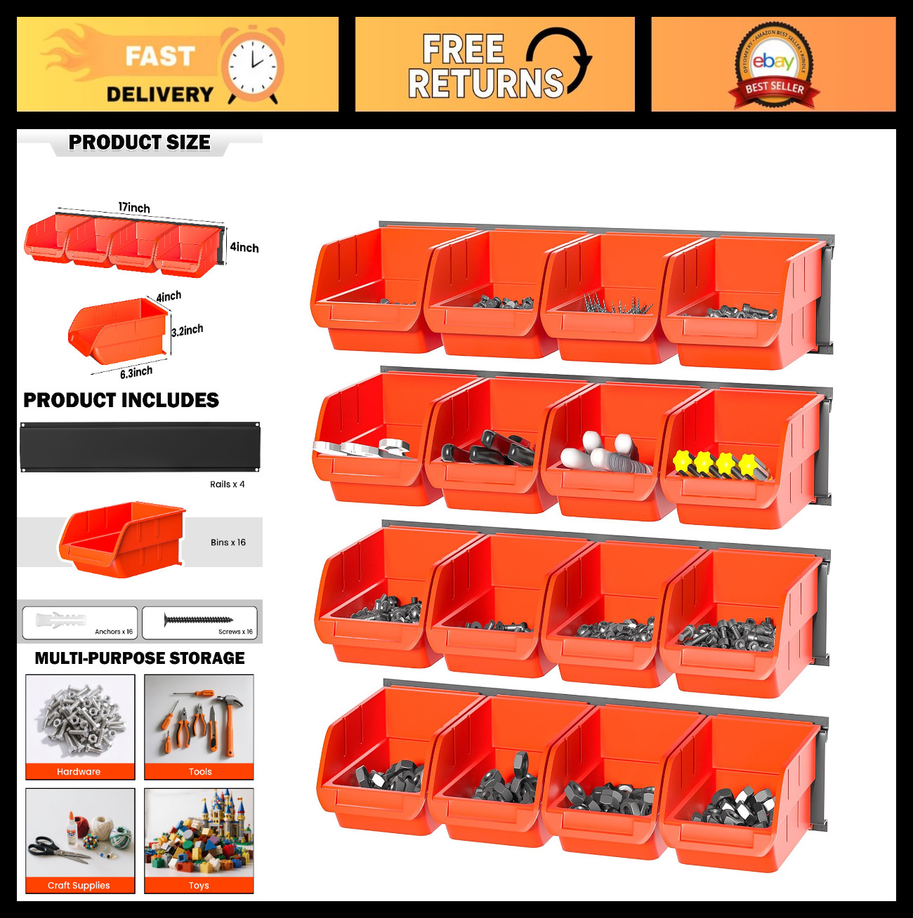 Wall Mounted Storage Bins - Plastic Organizer for Garage Tools, Screws, Nuts & B