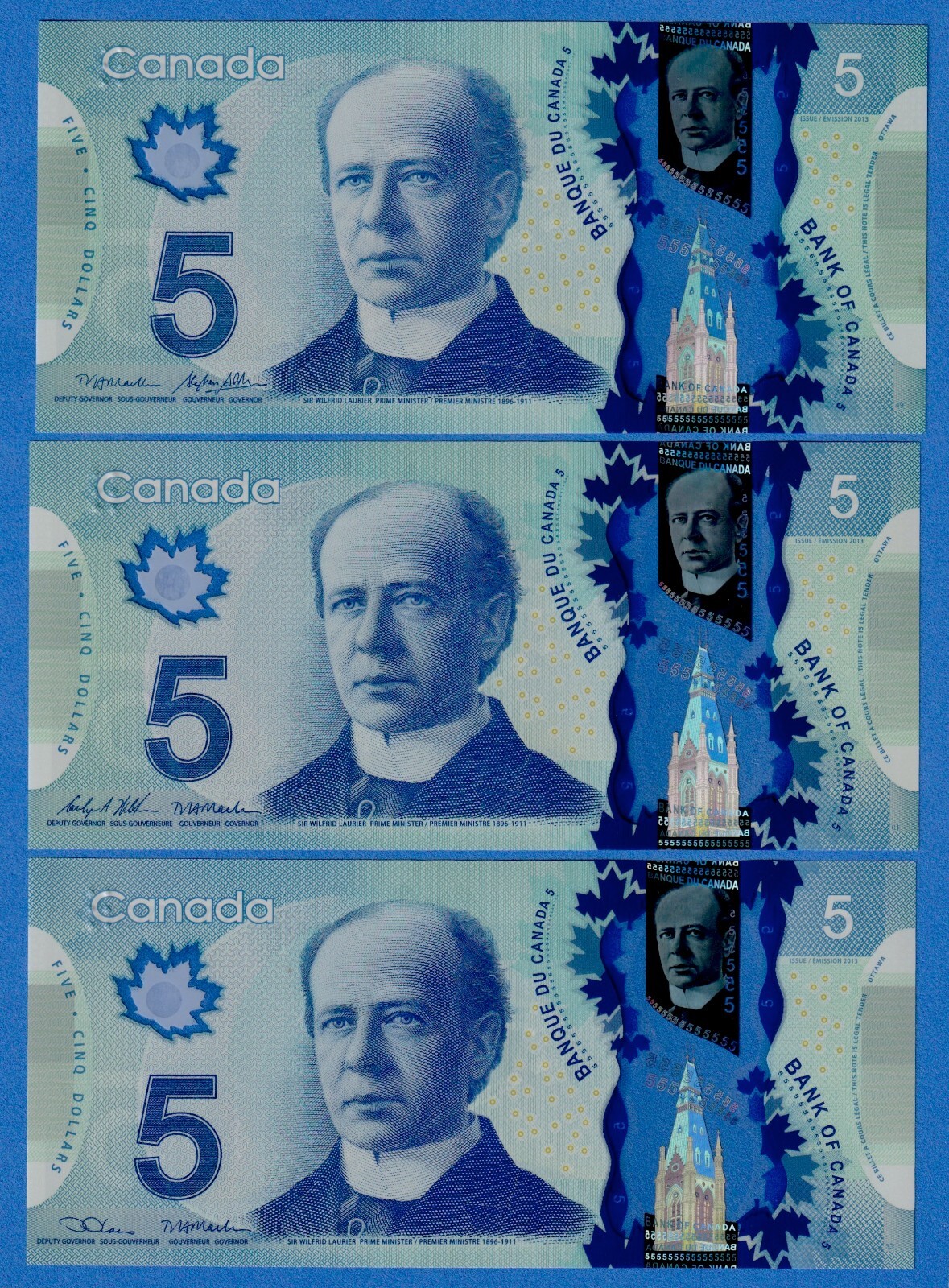 Canada $5 2013 Combo - 3 UNC Polymer Notes P106b,d,e  3 Different Signature Sets