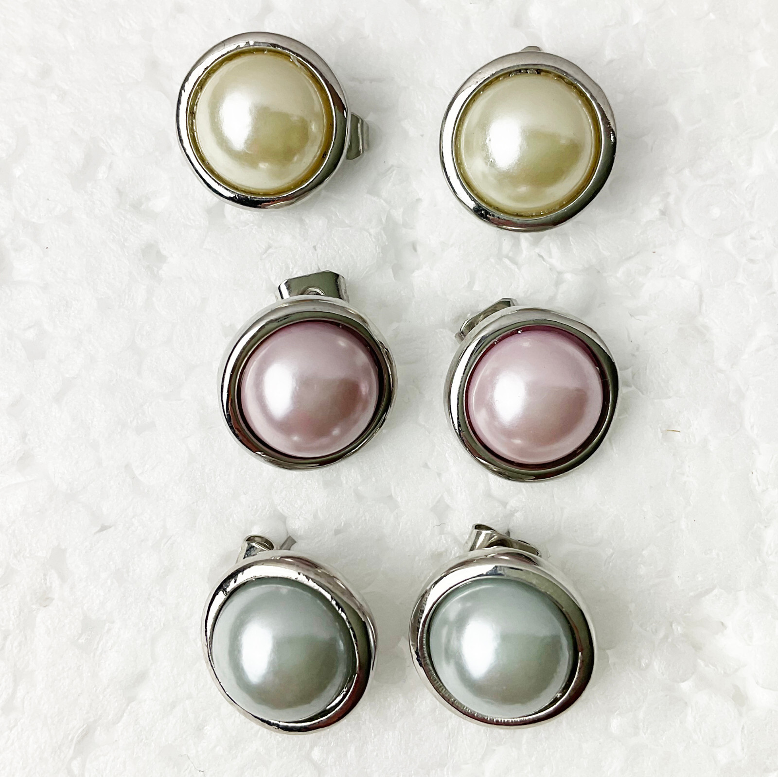 3 pairs lot Pearly Earrings, white, pink, blue, cabochon studs