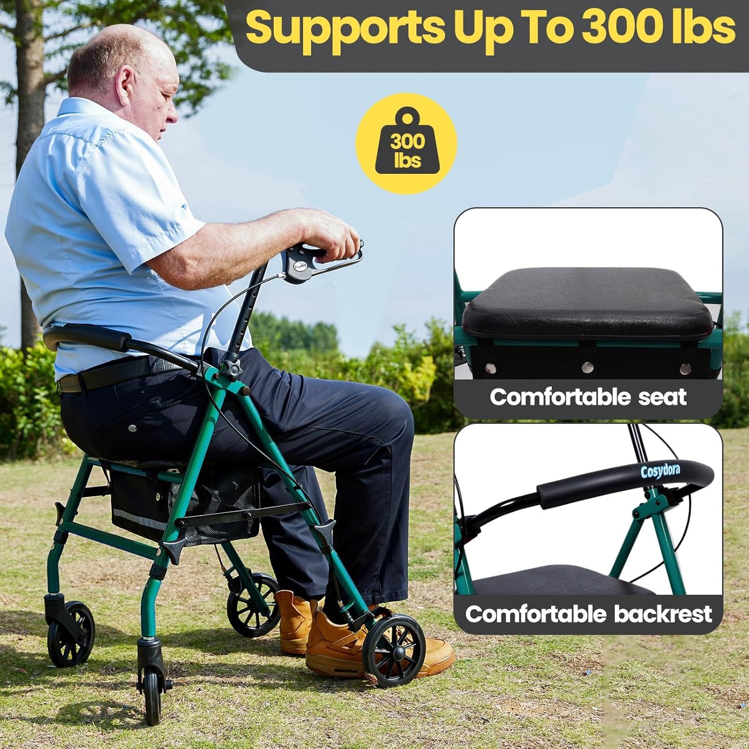 Foldable Rollator Walker with Seat 6 Inch Wheels 350 lb Adjustable Height