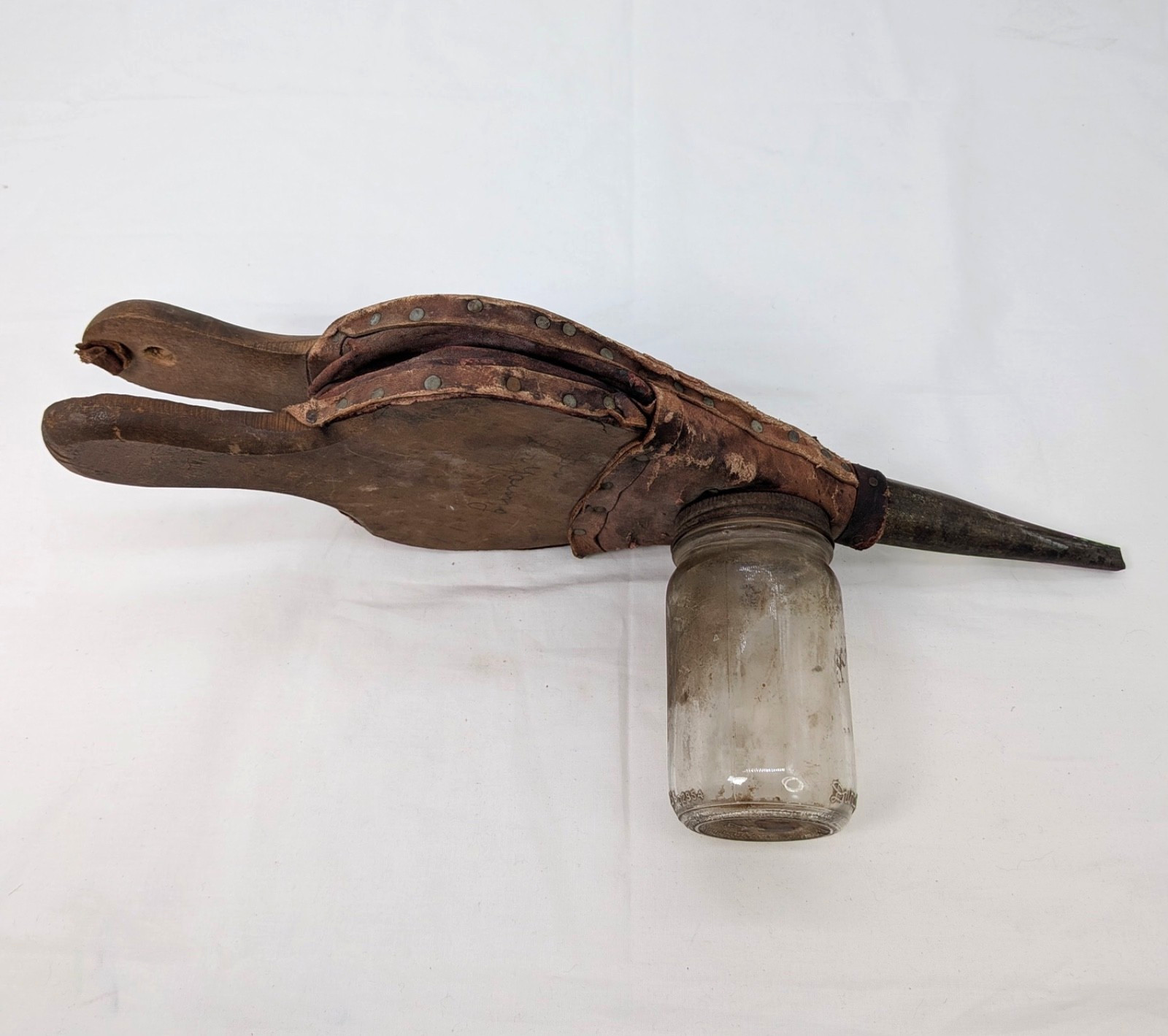 Vintage Wood Leather Bellows Garden Powder Duster Duraglas Glass Jar