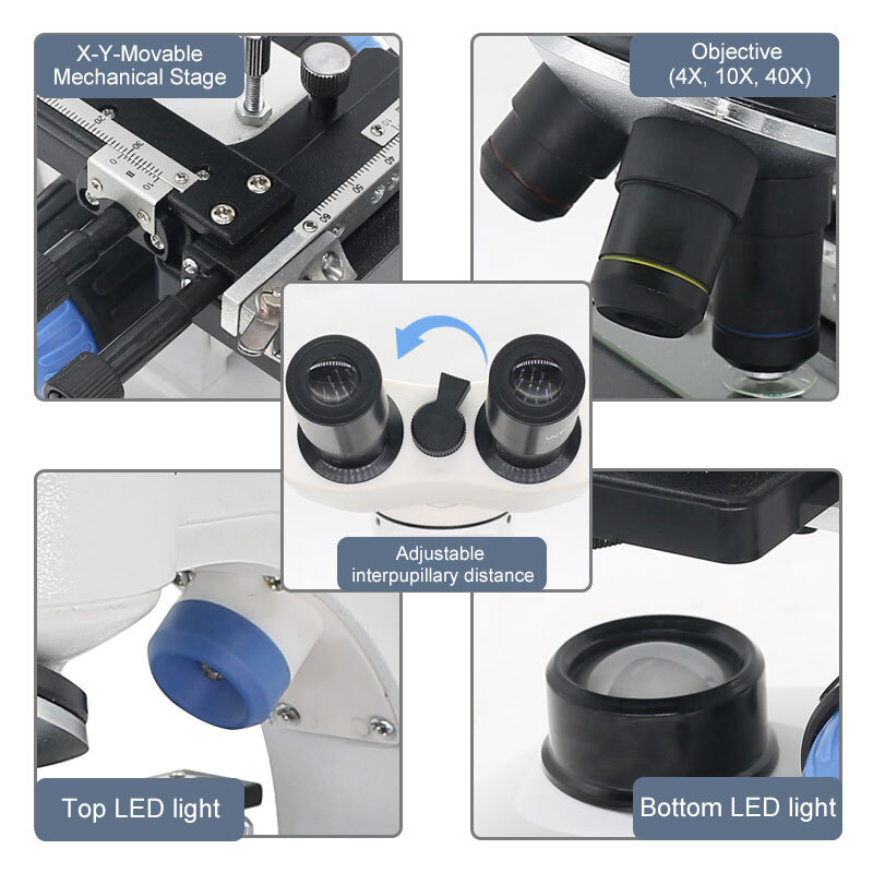 LED Binocular Microscope 2000X Lab Biological Microscope with Smartphone Clip