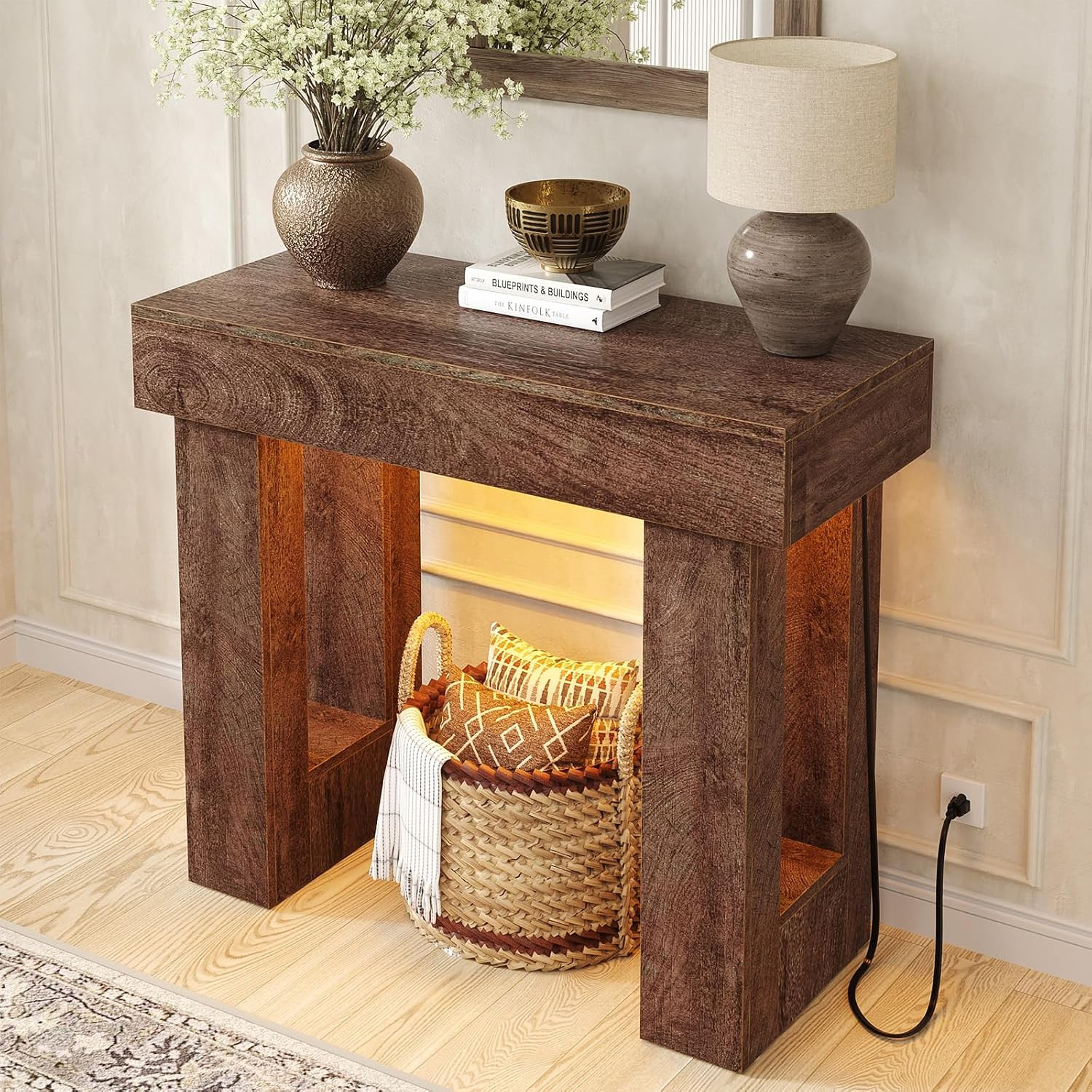 39" Entry Table with Power Outlet & Sensor Light, Rustic Oak | Narrow Foyer Tabl