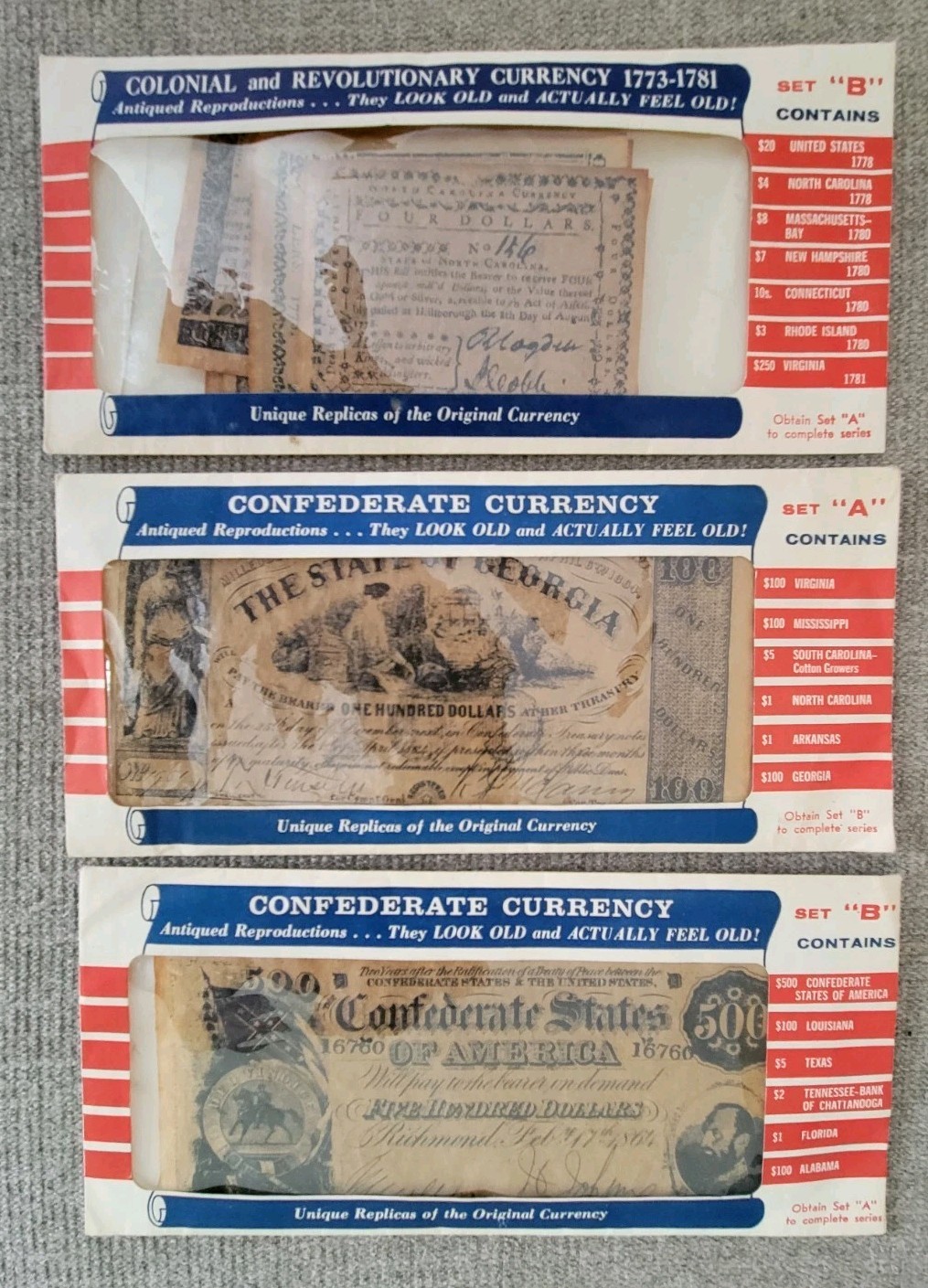 1970s Set A & B of Antiqued Confederate, Set B Colonial Currency Reproductions
