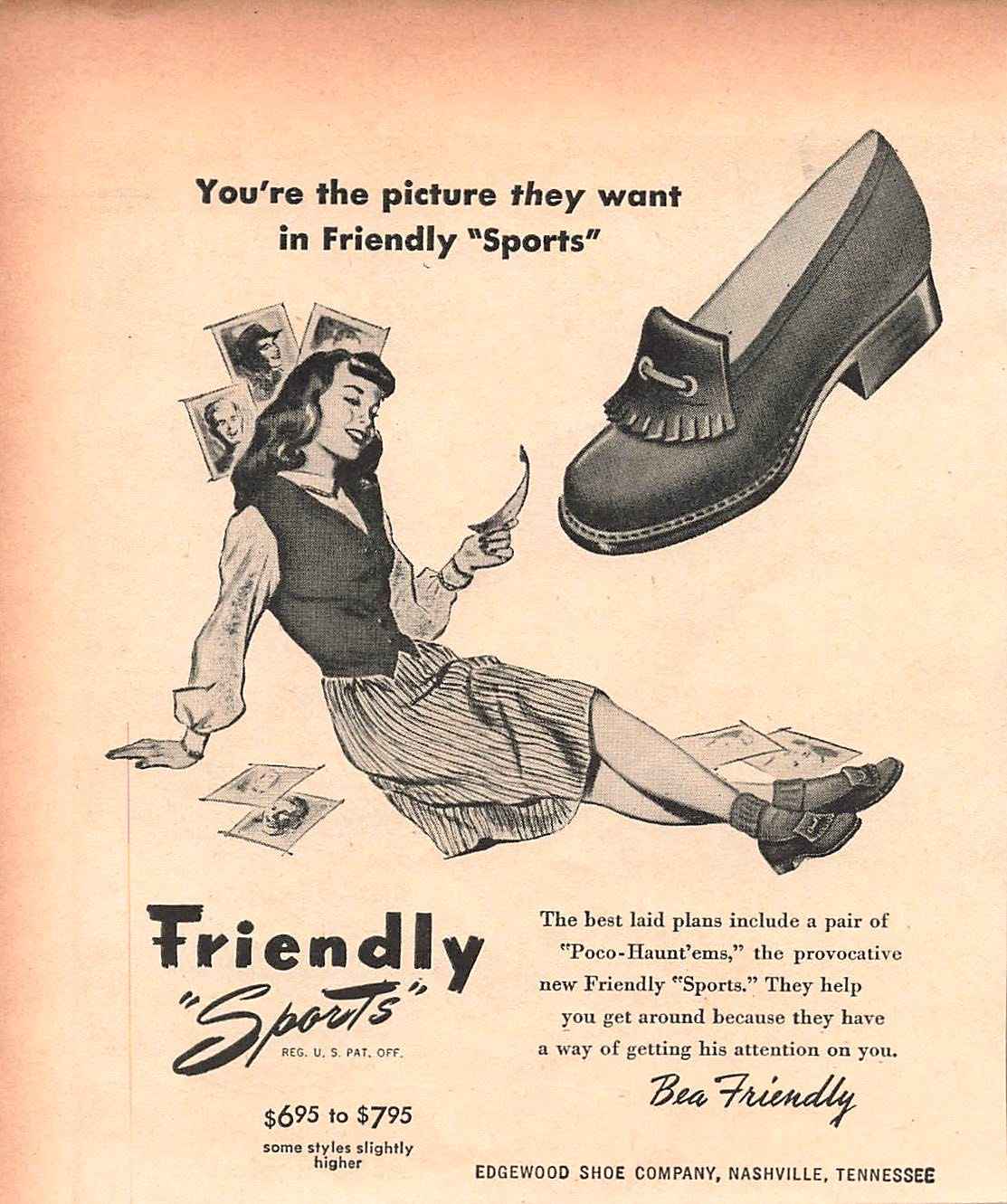 Friendly Sports Shoes Ad Vintage 1940s Mid Century Fashion Decor Nashville 1947