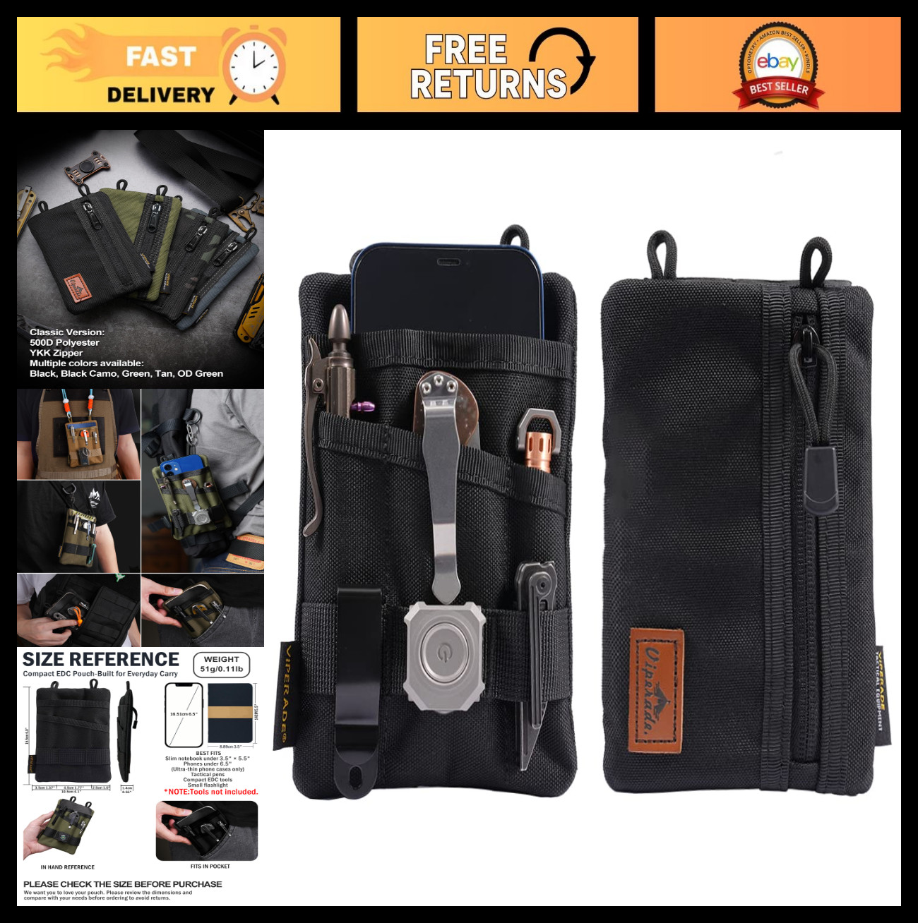 EDC Pocket Organizer Pouch for Men - Multi-tool Storage, Flashlight, Knife & Not