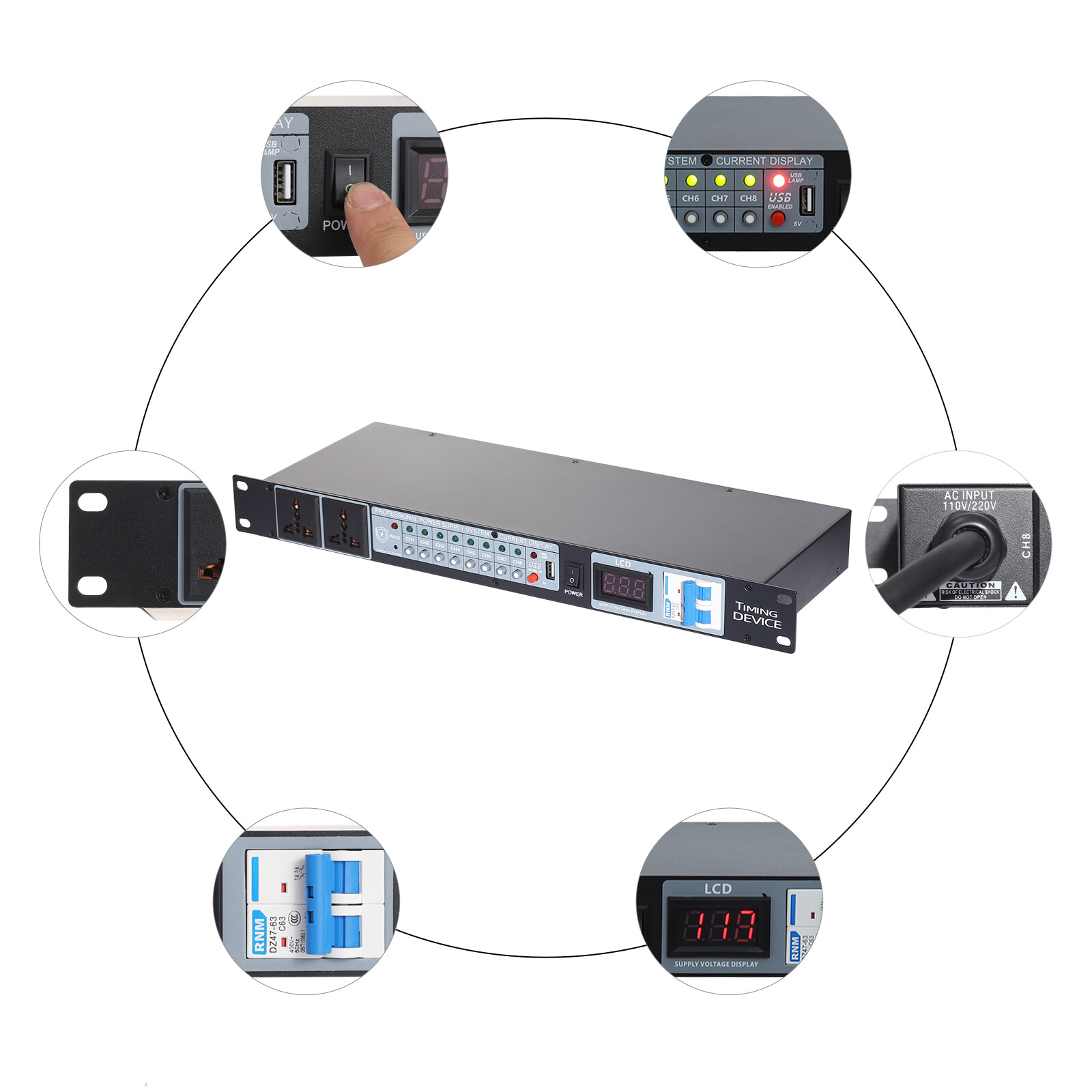 Professional Audio Power Conditioner Digital Voltmeter USB Surge Protector 2000W