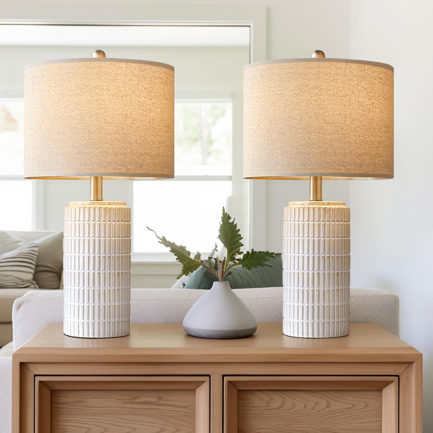 PoKat 23" Modern Medium, Beige and White - 23'' Ceramic Lamp