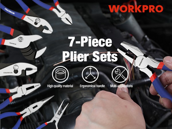 WORKPRO 7PC Pliers Set (8-inch Groove Joint Pliers 6-inch Long Nose Carbon Steel