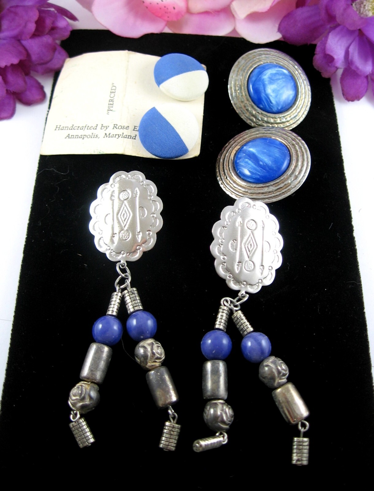 LOT of 3 Vintage PAIRS EARRINGS Pierced DENIM BLUE Silvertone Dangles Fabric 4"