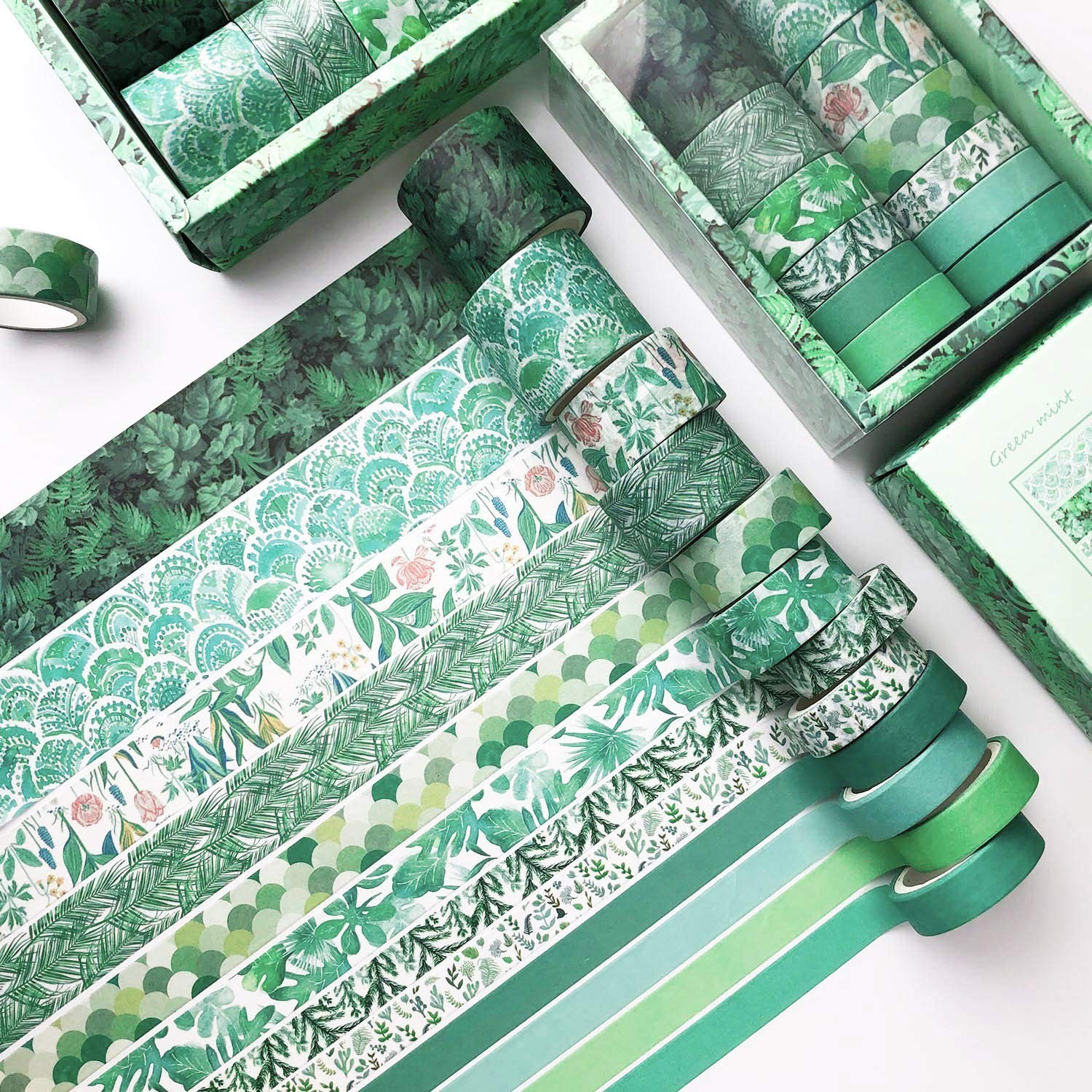 12 Rolls Green Washi Tape Set,Leaves Floral Tree Washi Masking Tape Colorful ...