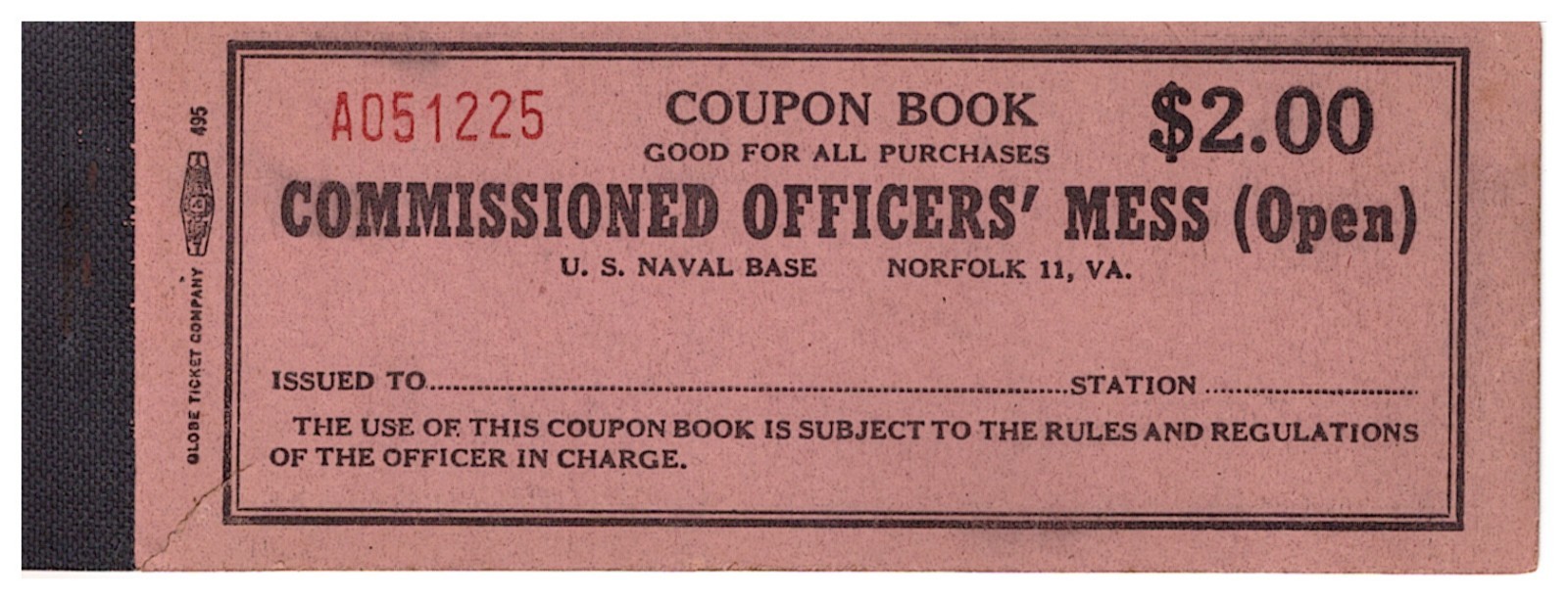 COMMISSIONED OFFICERS MESS COUPON BOOK - NORFOLK, VA 1940'S/50'S WITH 2 COUPONS