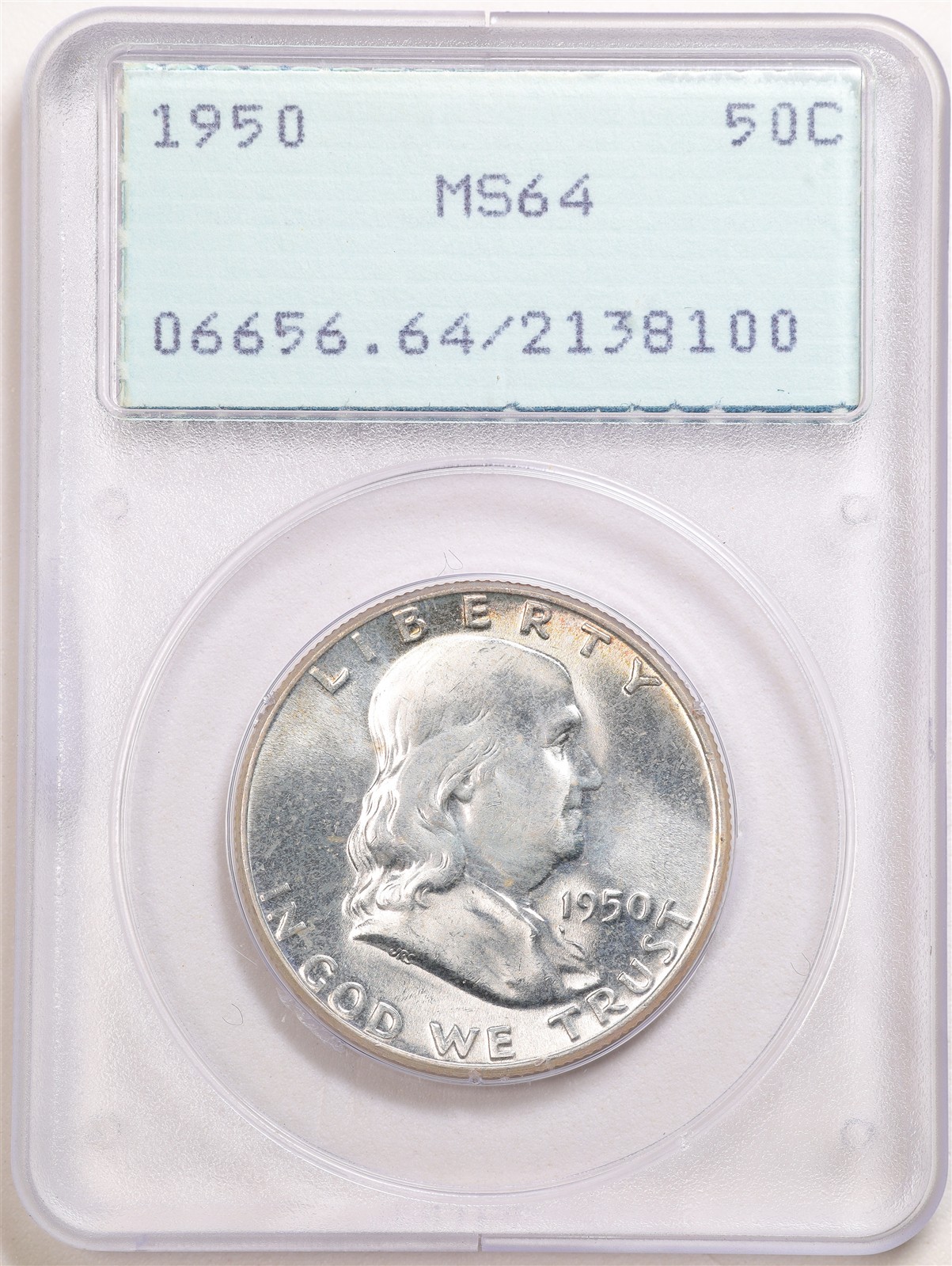 1950 50C Franklin Half Dollar MS64 PCGS 2138100 "Rattler" Holder