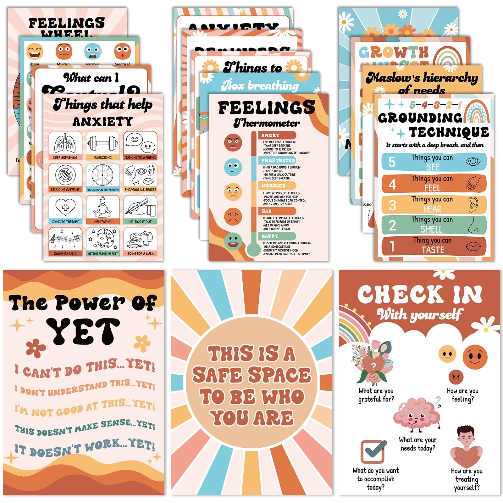 16PCS Groovy Mental Health Posters for Classroom Hippie Anxiety Therapy Growt...