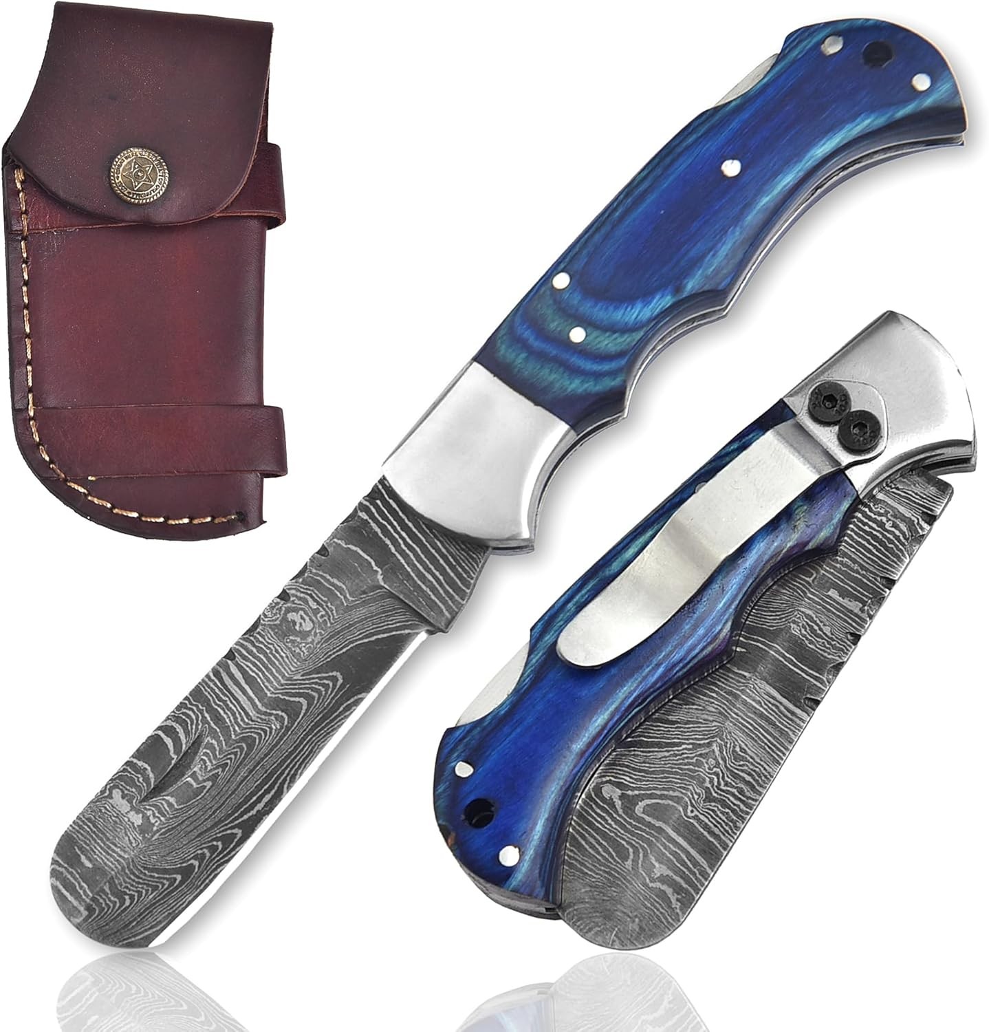 Handmade Damascus Steel Blade Folder Pocket Knife Folding Blade with Sheath