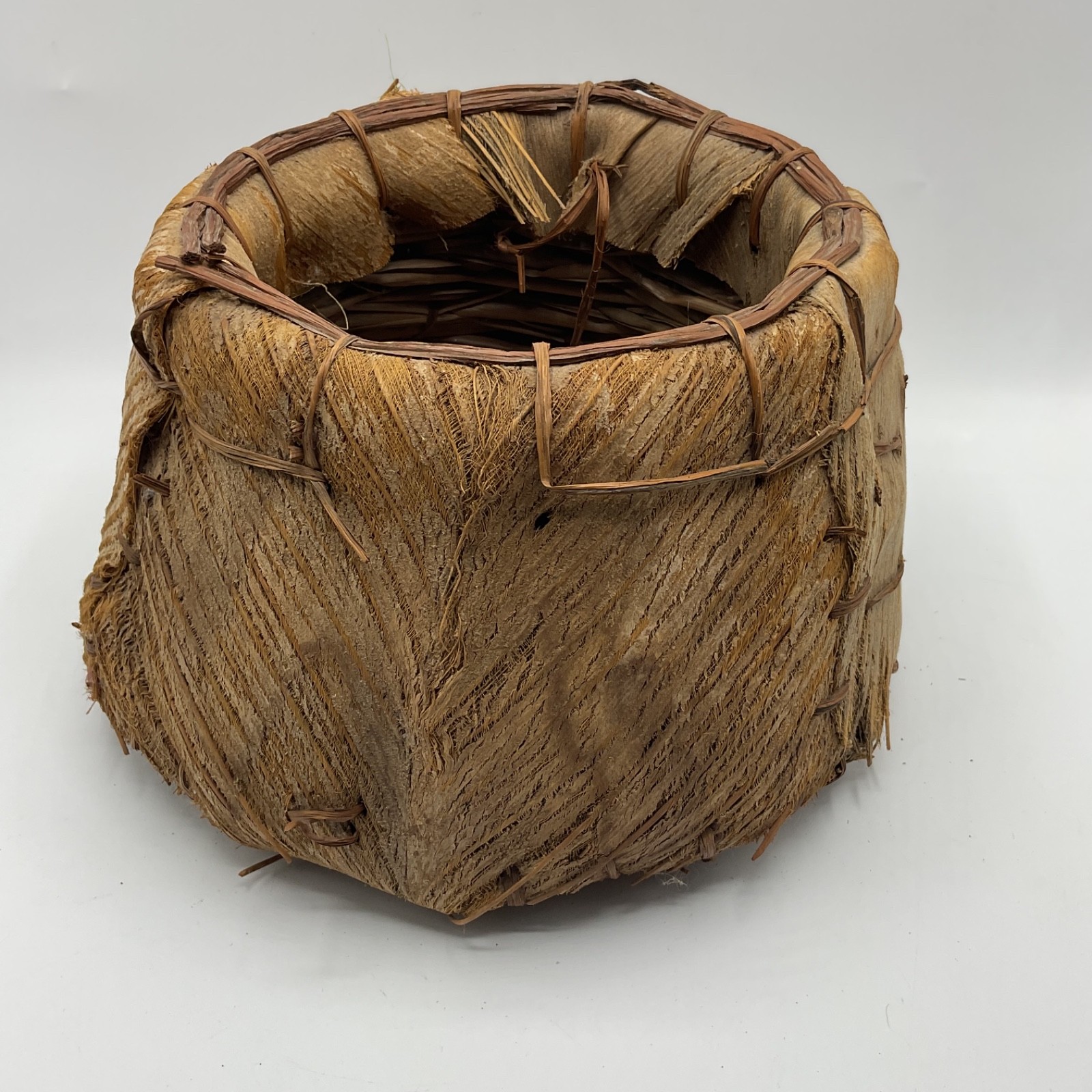 Handmade Palm Husk Sheath Basket Planter 11” Rustic Tiki Boho Tropical