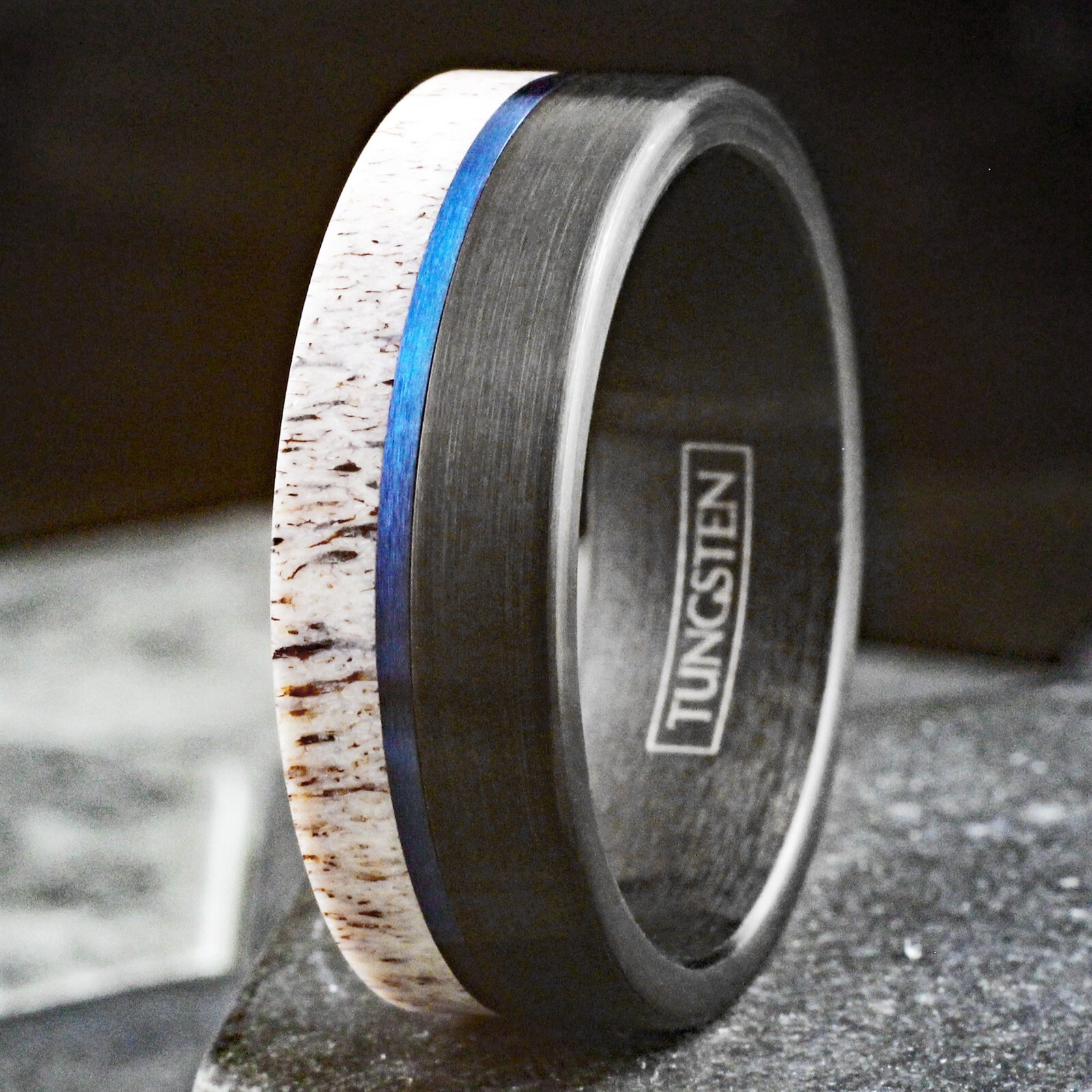 Black Tungsten Carbide Men's Ring Deer Antler w/ Blue Stripe Wedding Band