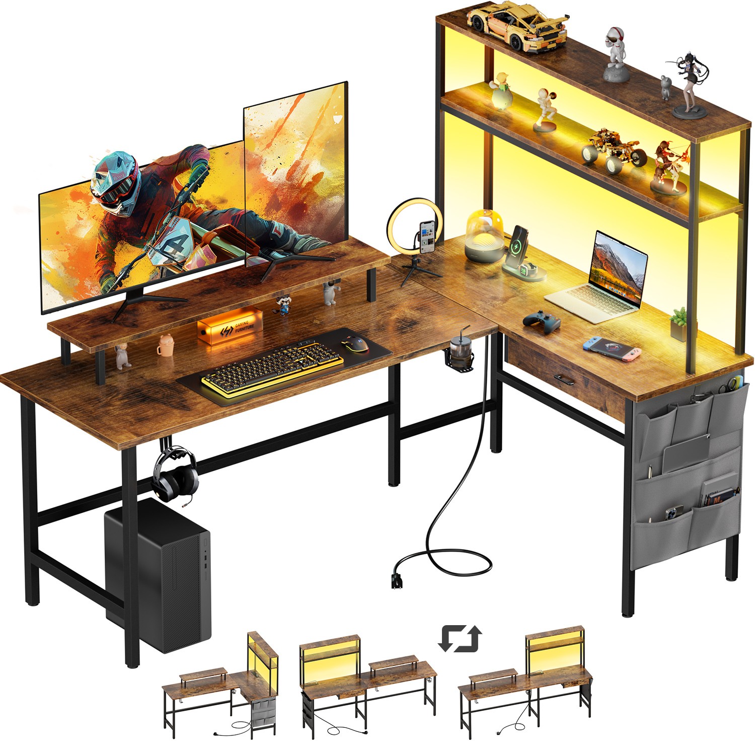 59 inch Gaming Desk with LED lights & Monitor Stand, L Shaped Desk with Drawer