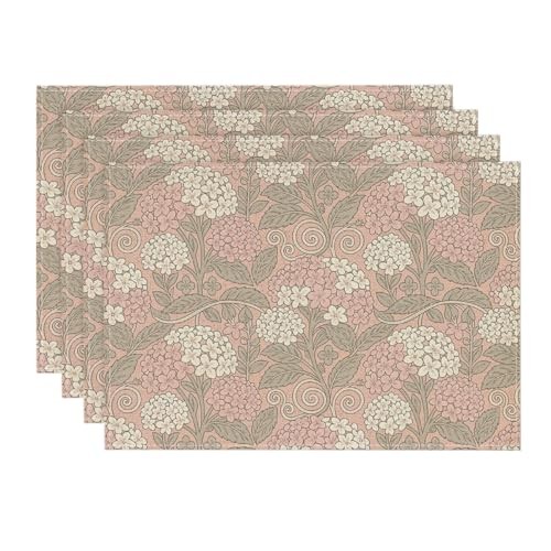 Vintage Hydrangea Leaves Vines Placemats Set 12" x 18", Rectangular 4 Pcs Pink