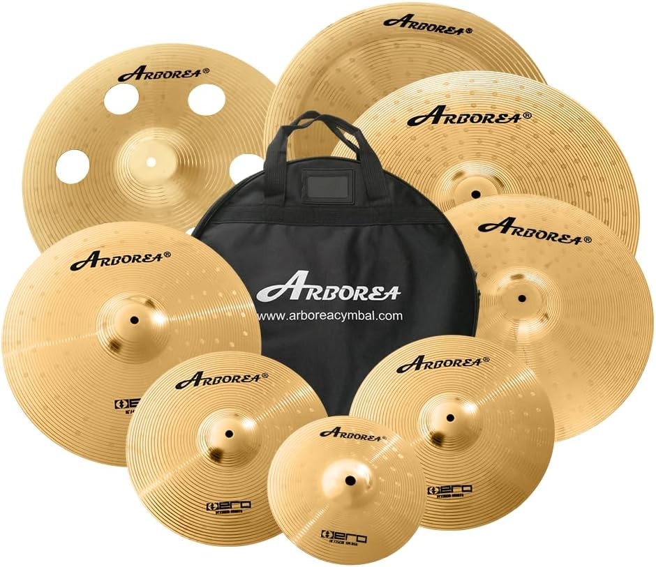Arborea Cymbal Pack for Drum 8 Pcs Super Polishing Cymbals Set Brilliant Gold He