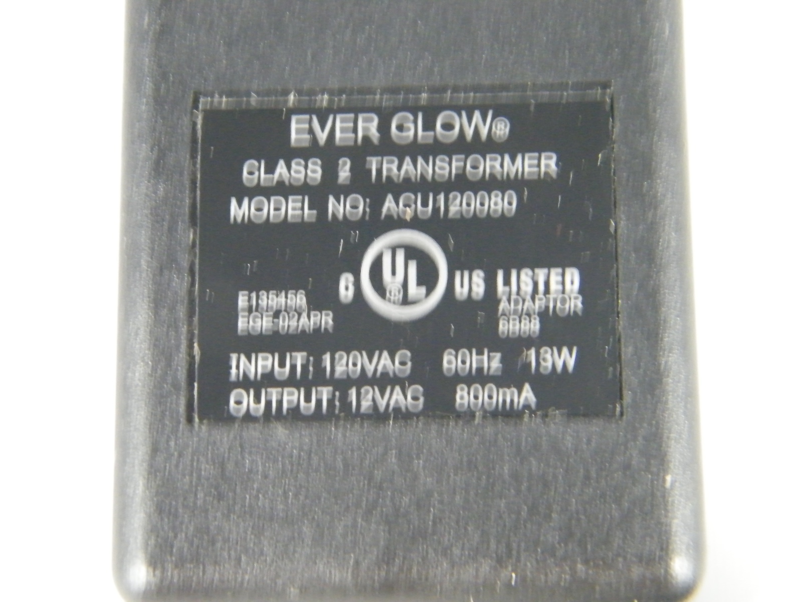 (1) NEW EVER GLOW CLASS 2 TRANSFORMER AC ADAPTOR 12 VAC OUTPUT MODEL # ACU120080