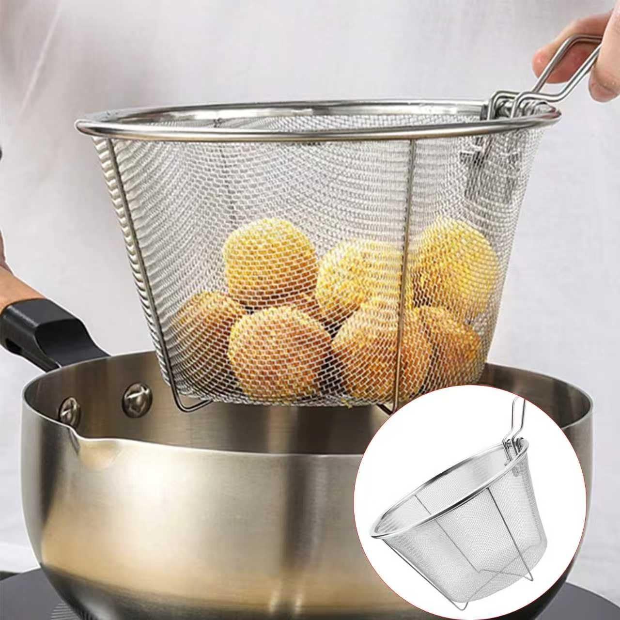 7Inch Round Stainless Steel Deep Fryer Basket，Features a Foldable Handle for ...