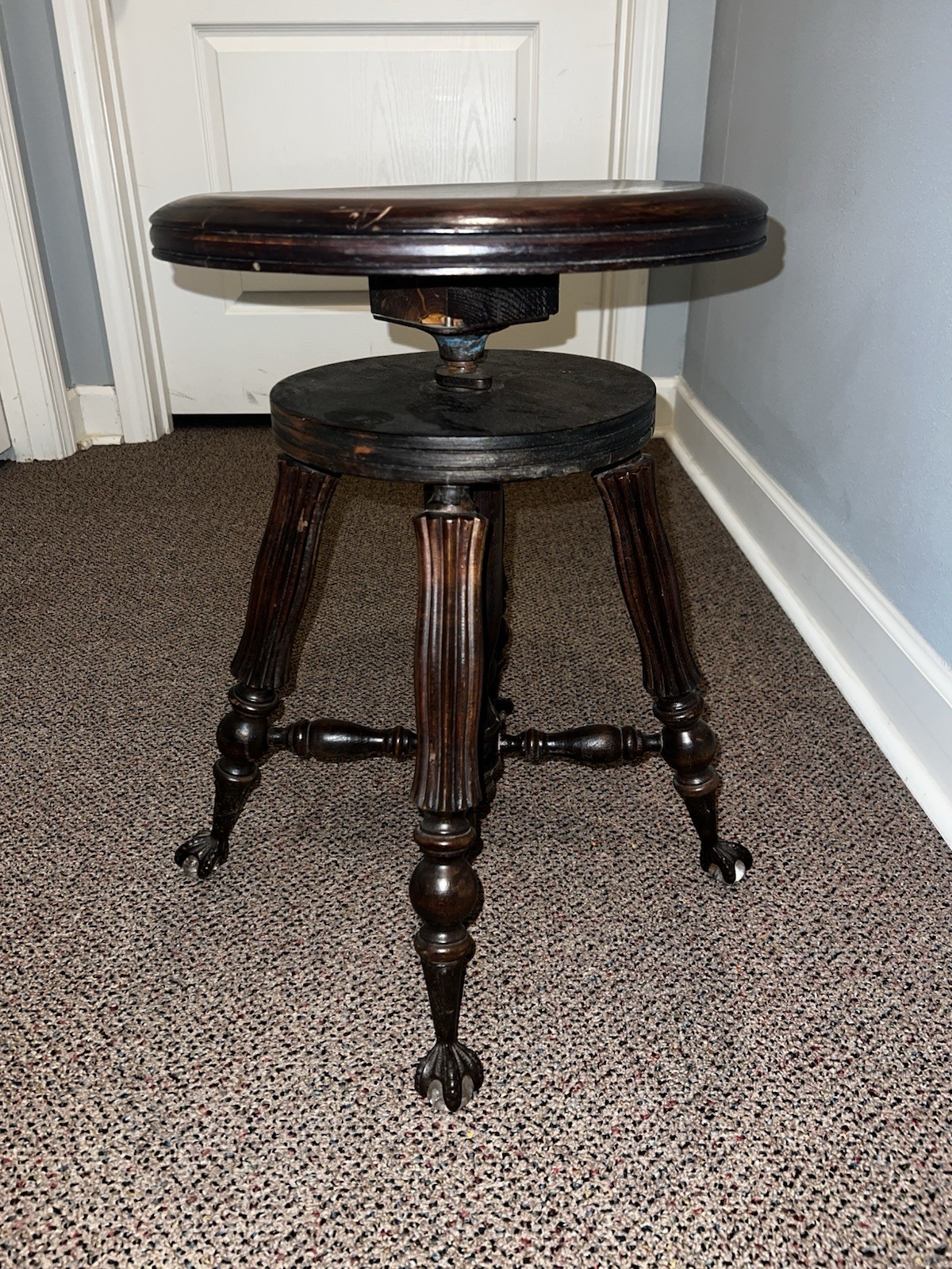 Antique Victorian Tonk Adjustable Wood Piano Stool With Turned Legs Nice!