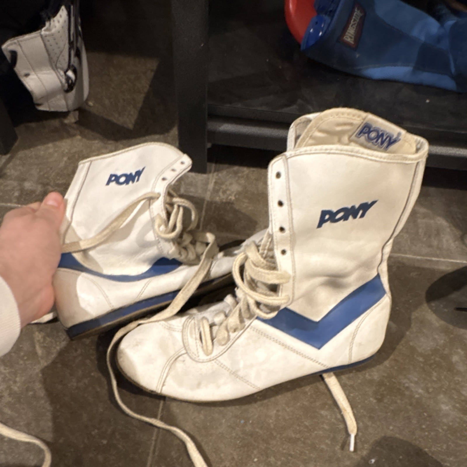 PONY High-Top Boxing Shoes White Blue Adult Unisex Made in Taiwan