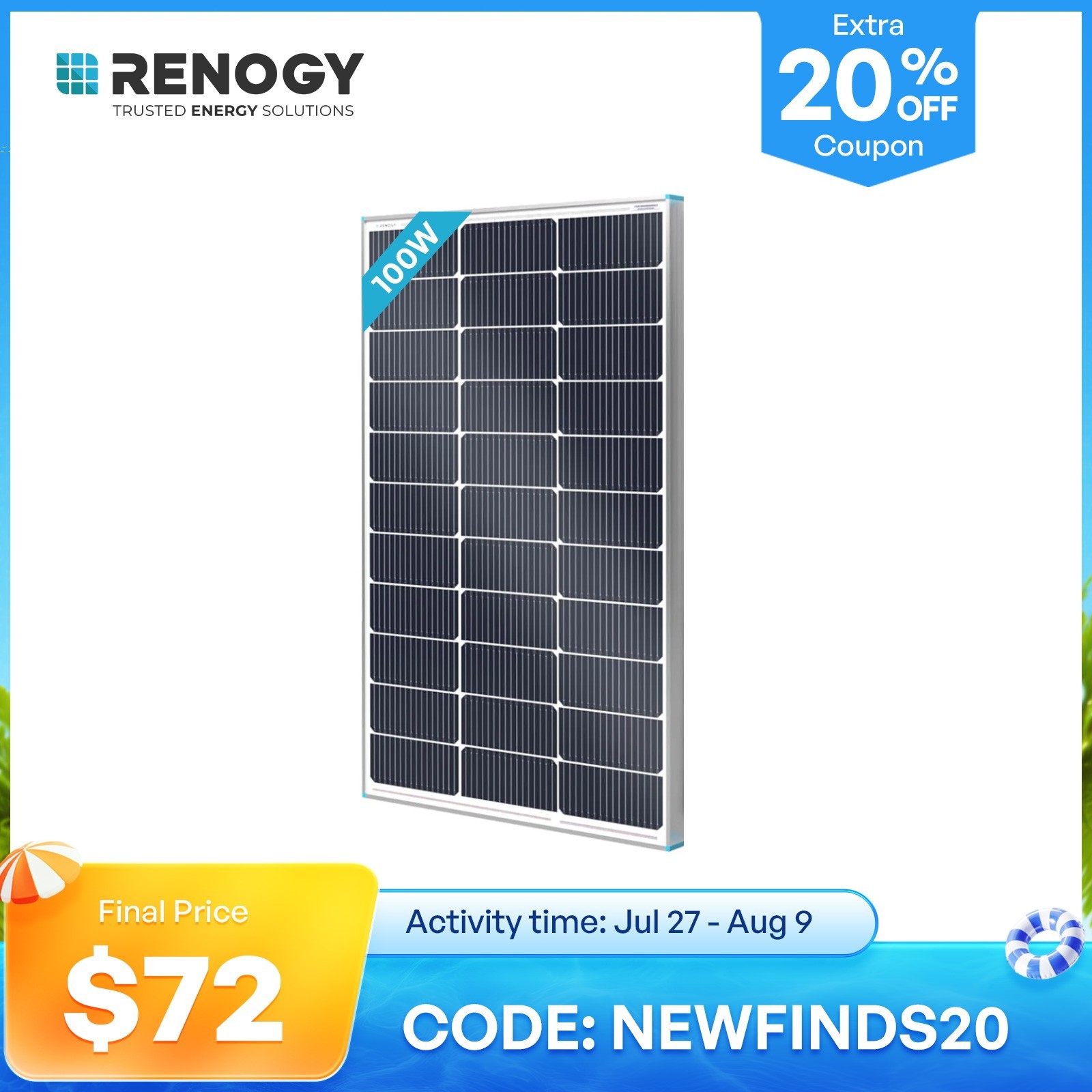 Renogy 16BB N-Type 100 Watt Solar Panel Monocrystalline PV Power Charger RV Home